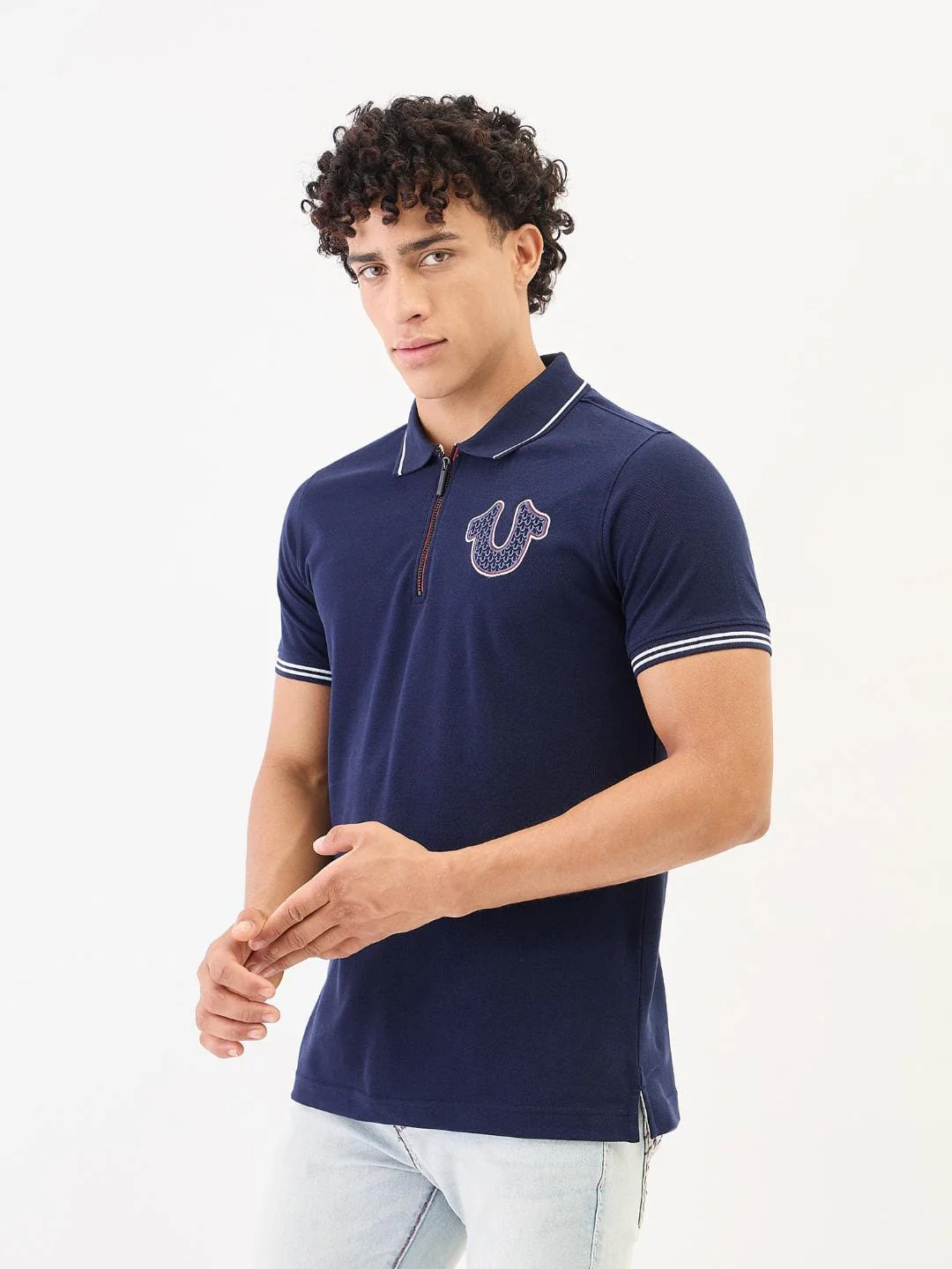 True Religion Men Blue Solid Polo Tshirt - Image 3