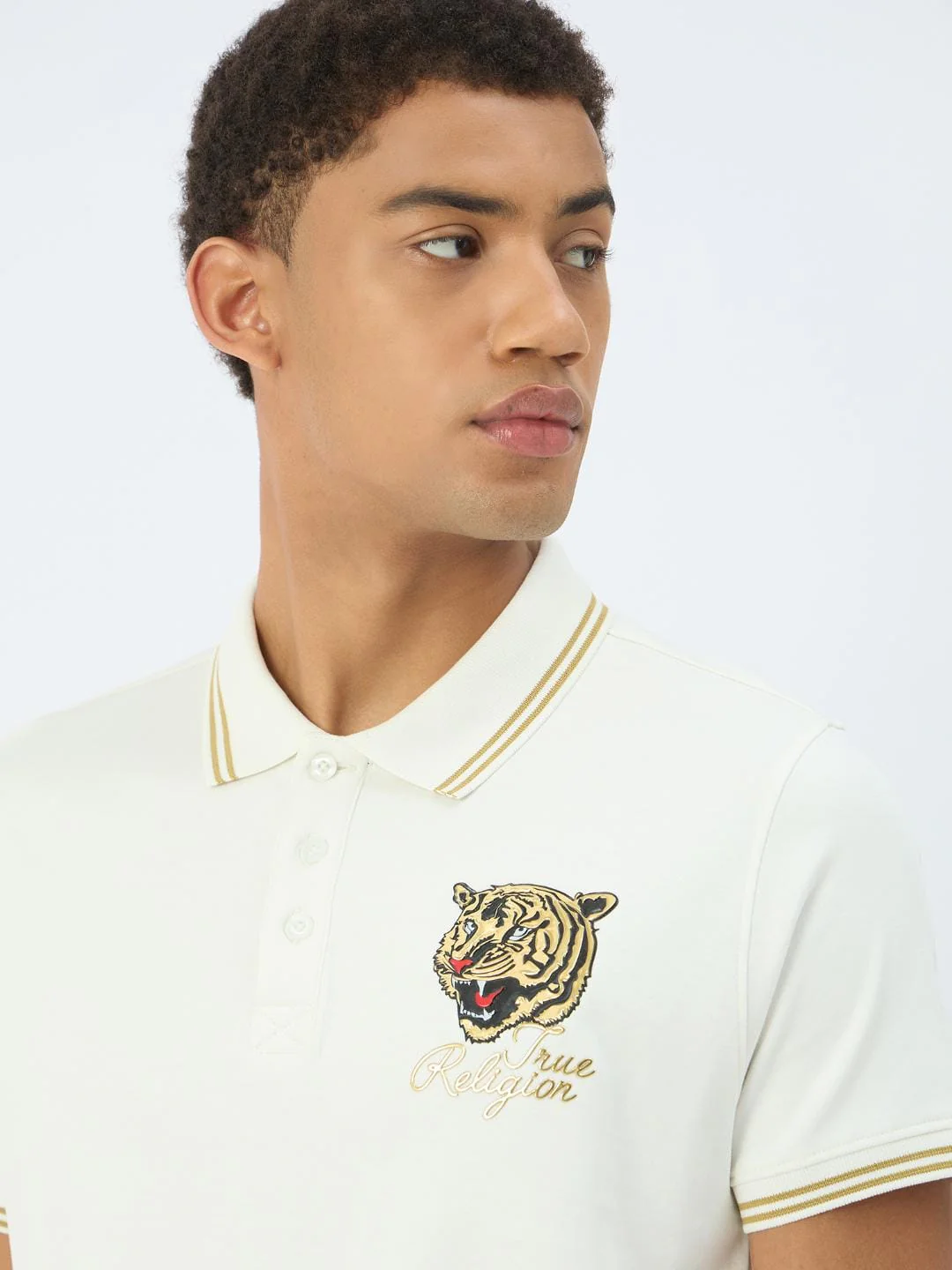 True Religion Men Cream Solid Polo Tshirt - Image 4