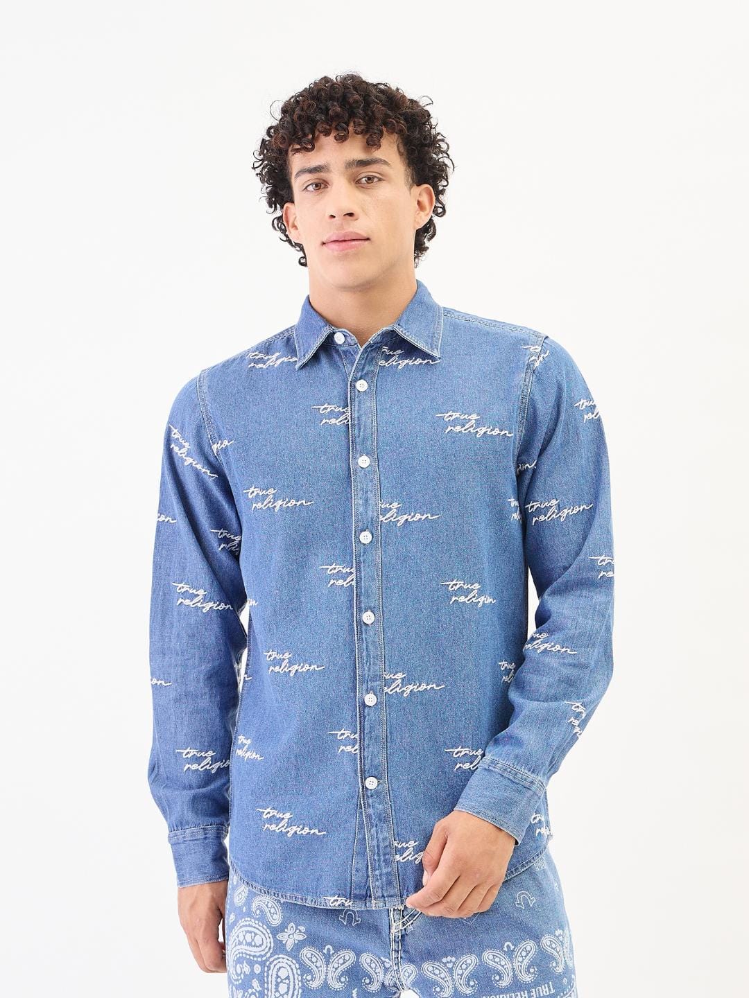 True Religion Men Blue Solid Collar Shirt