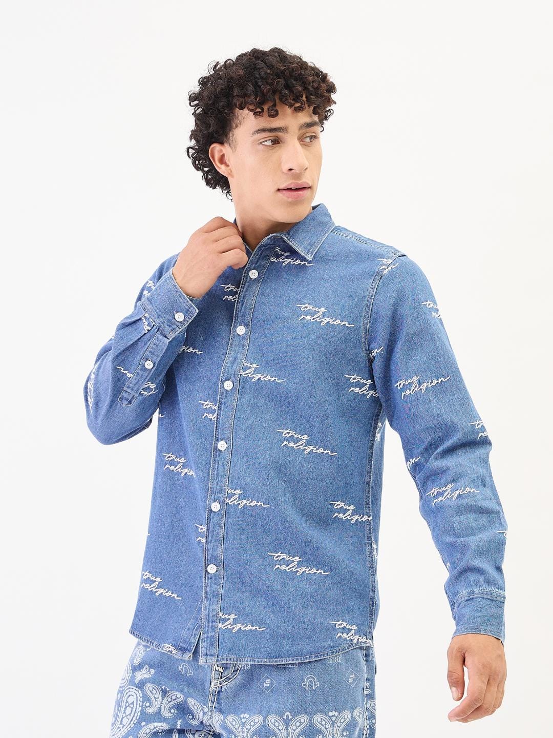 True Religion Men Blue Solid Collar Shirt - Image 3