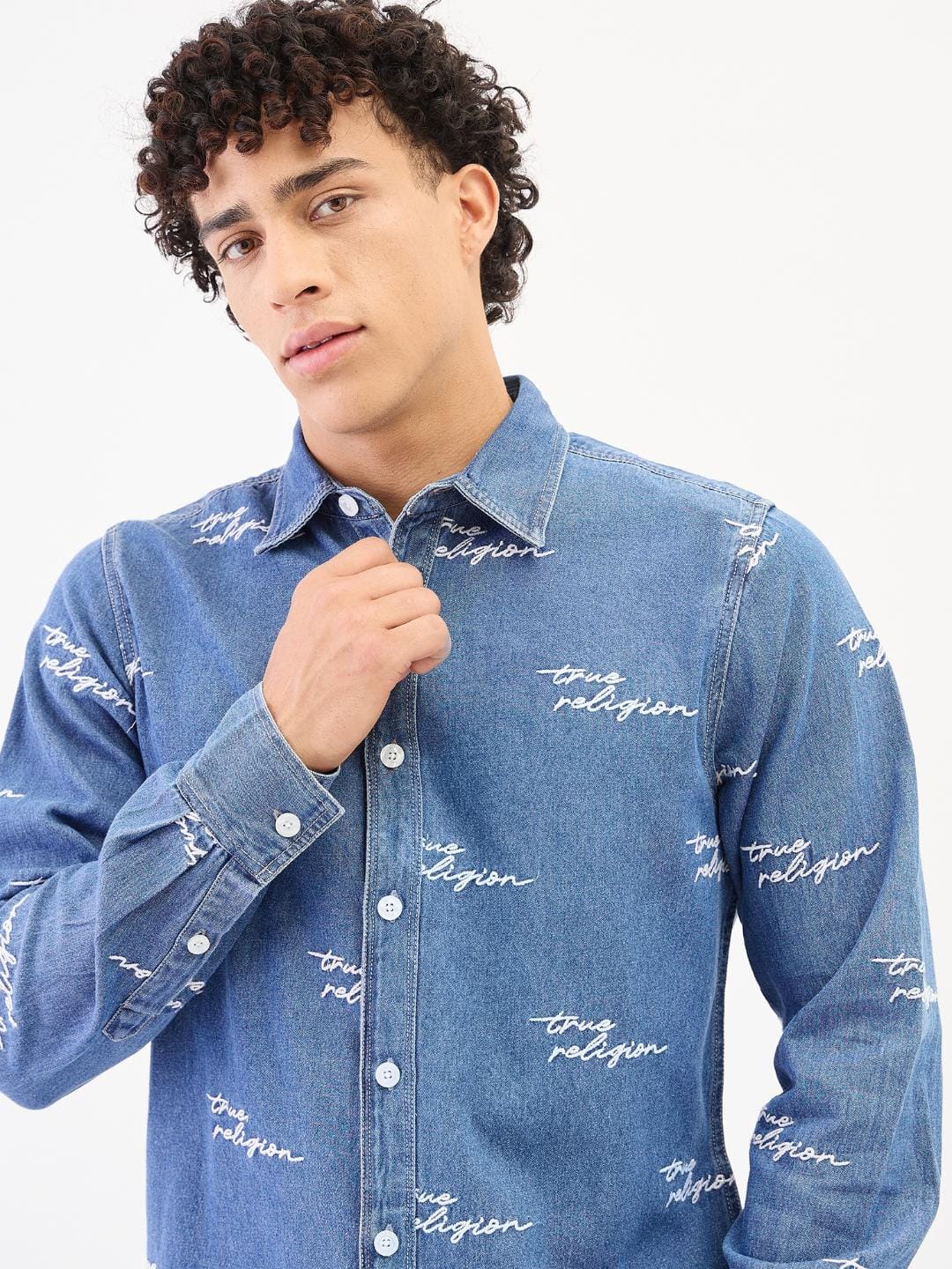 True Religion Men Blue Solid Collar Shirt - Image 4