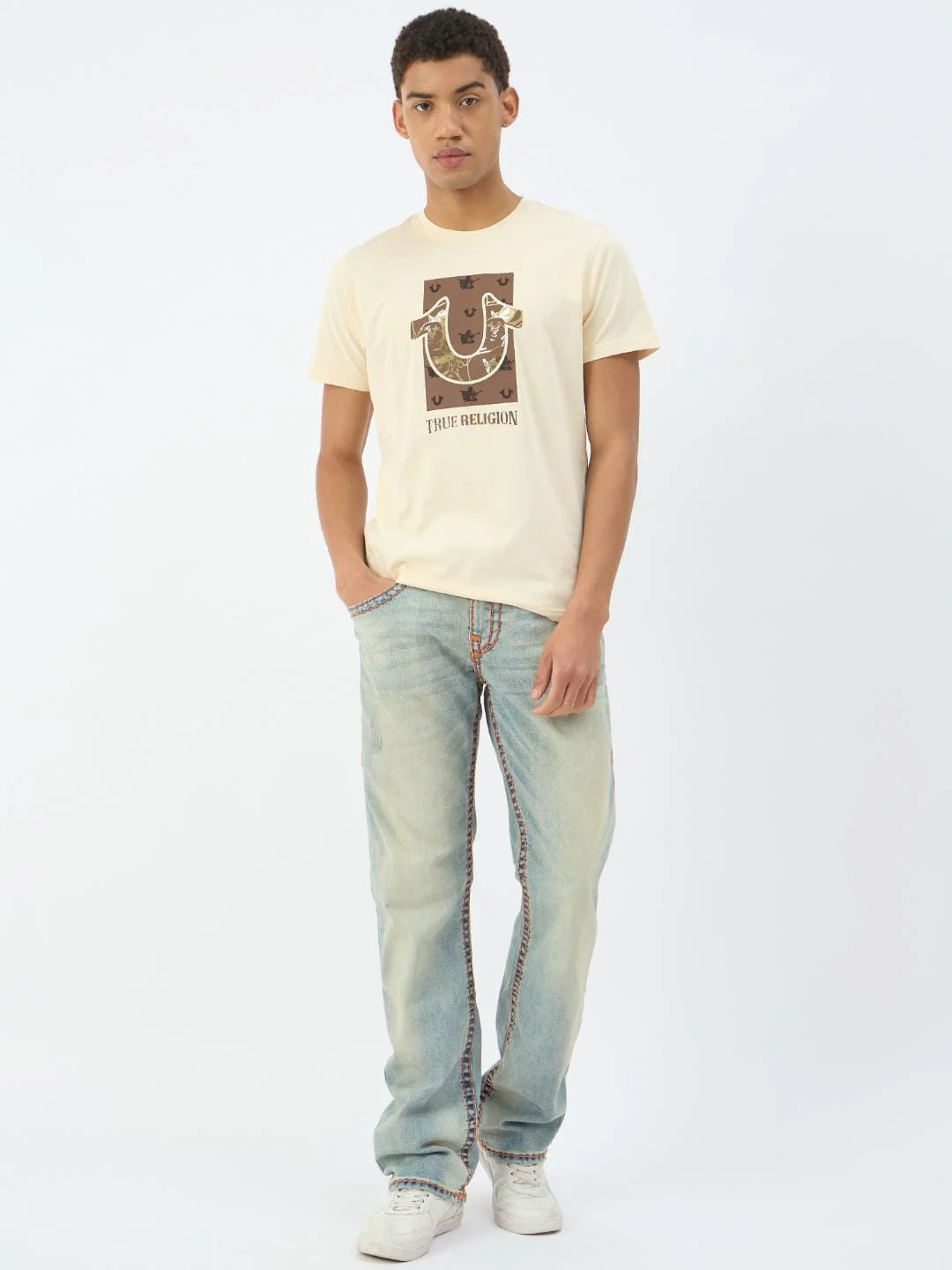 True Religion Men Beige Solid Round Neck Tshirt - Image 2