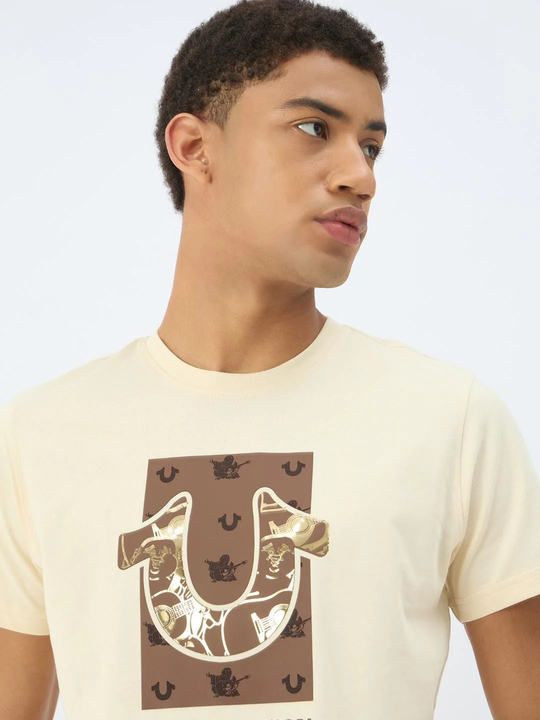 True Religion Men Beige Solid Round Neck Tshirt - Image 4