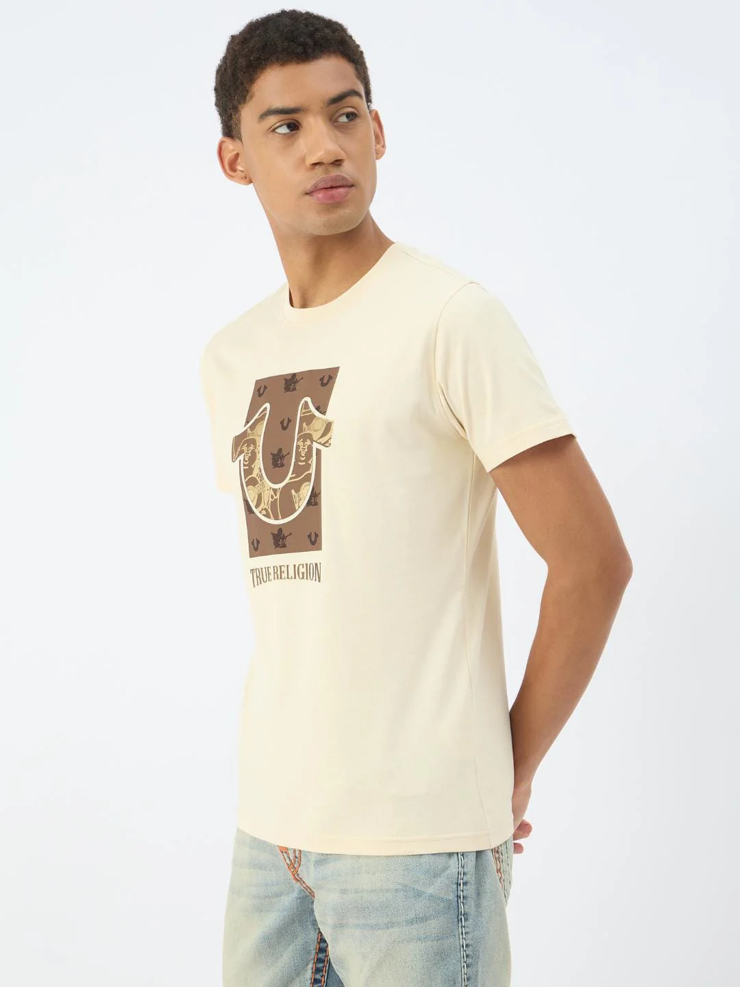True Religion Men Beige Solid Round Neck Tshirt - Image 5