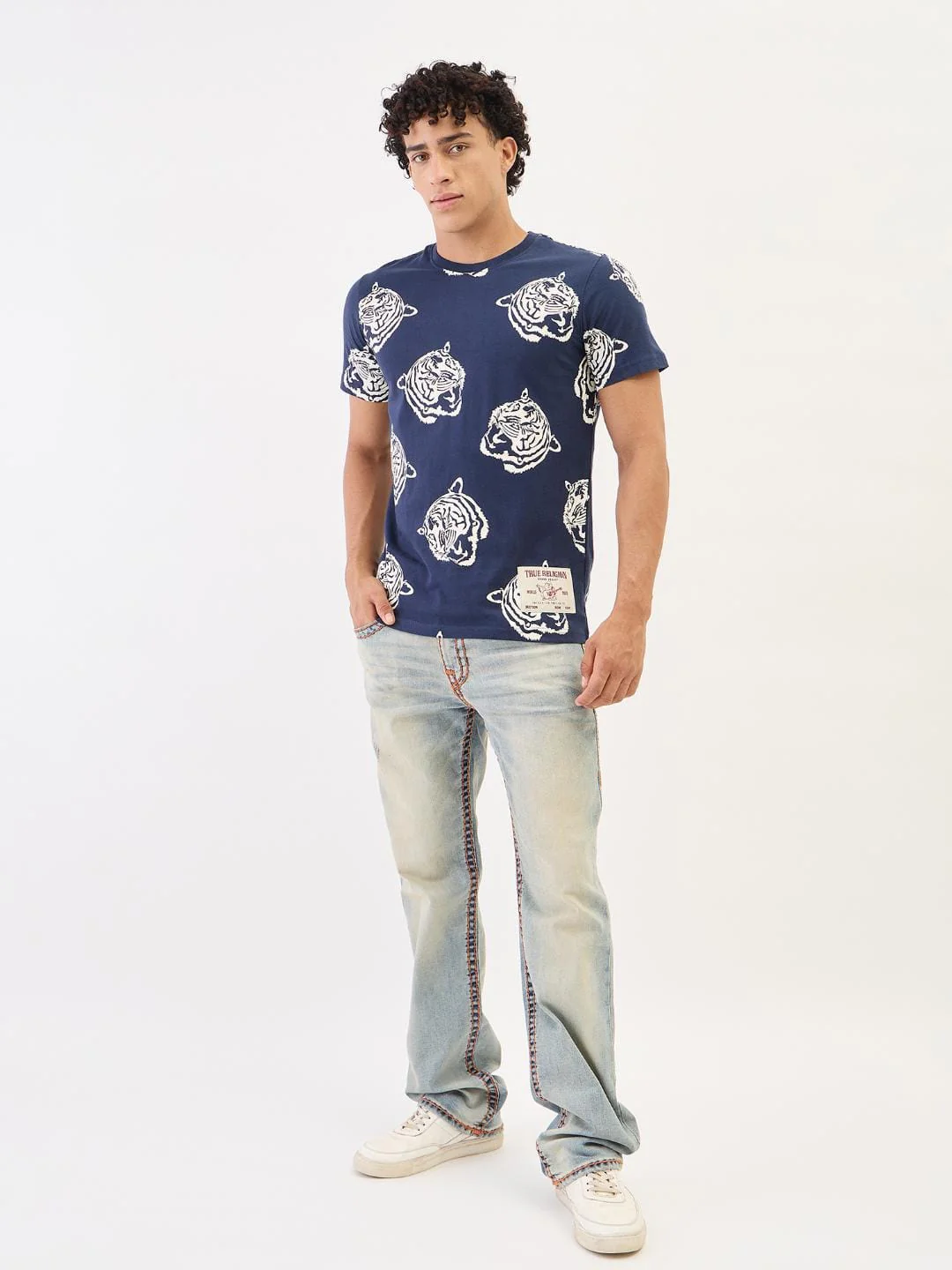True Religion Men Blue Solid Round Neck Tshirt - Image 2