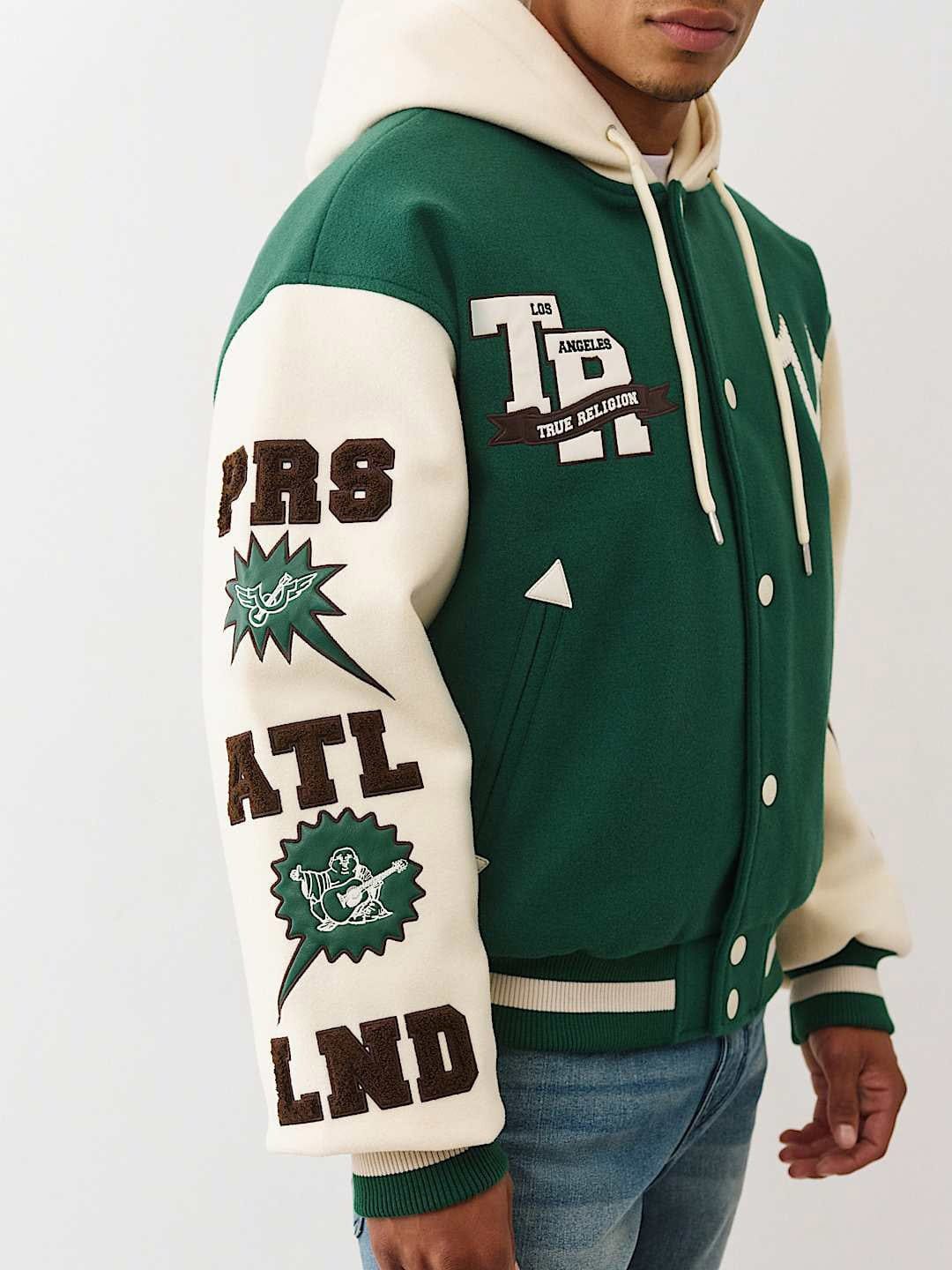 TRUE RELIGION Men Green Embroidered Hooded Fit Varsity Jacket - Image 4