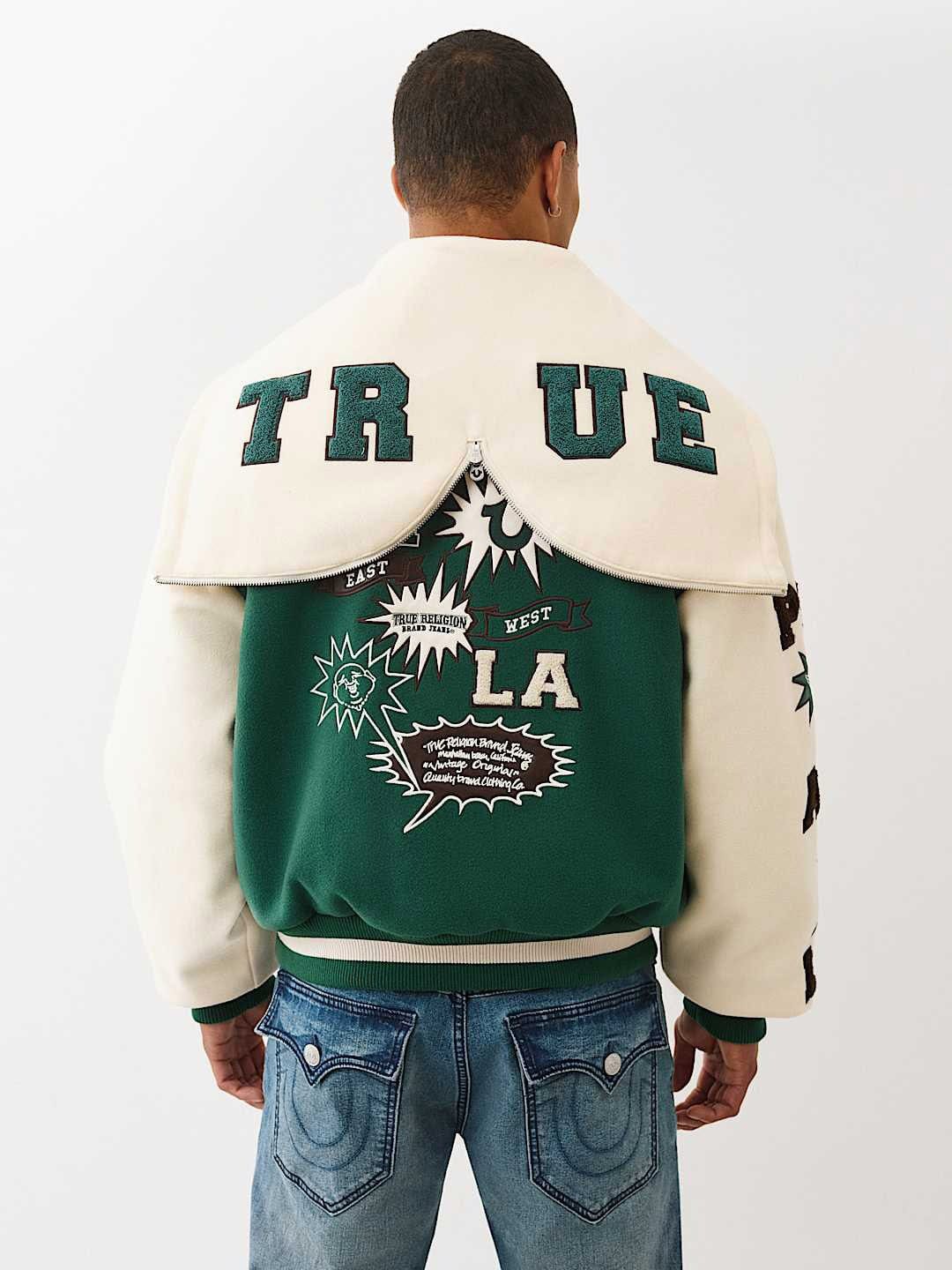 TRUE RELIGION Men Green Embroidered Hooded Fit Varsity Jacket - Image 7