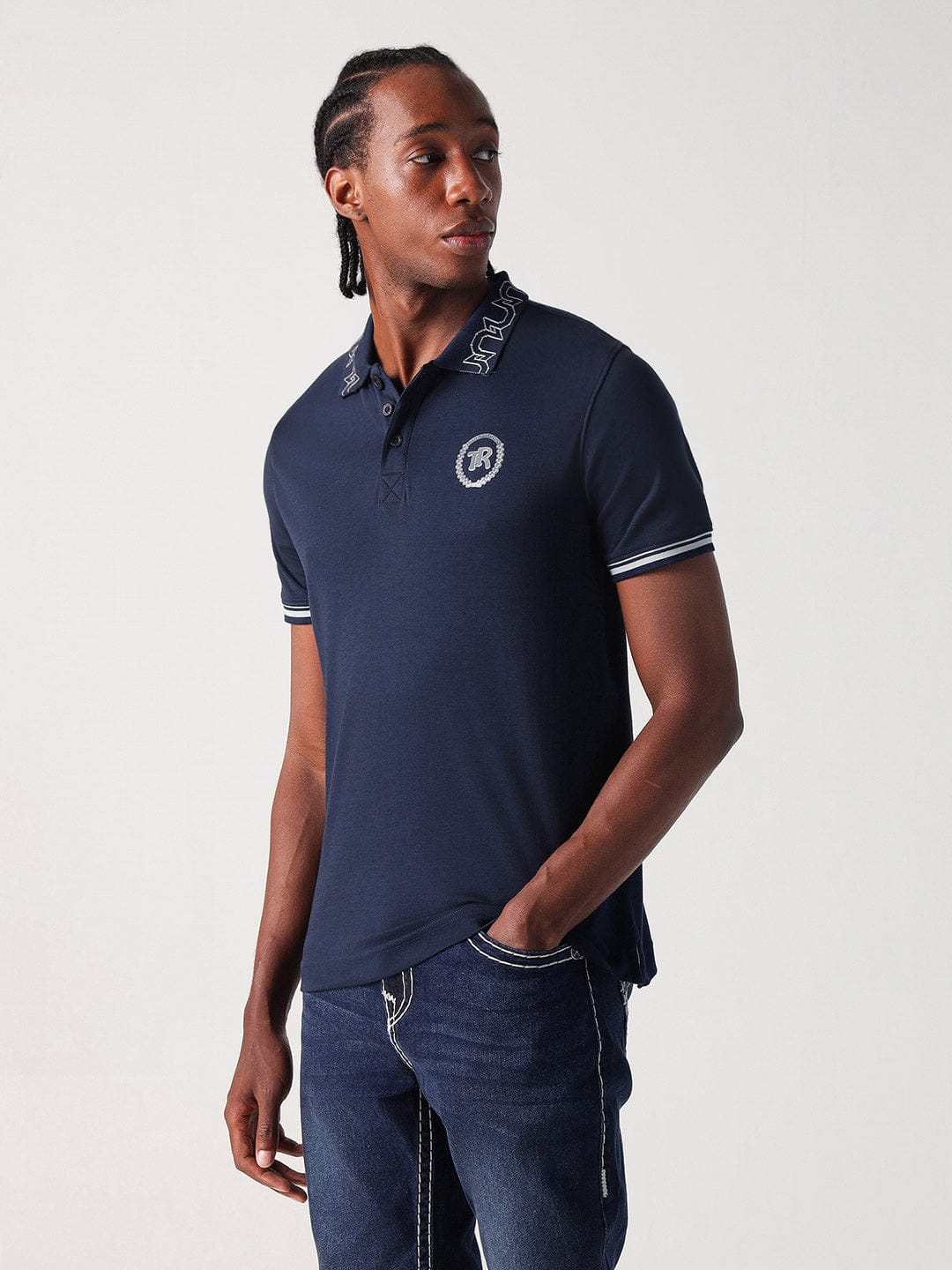True Religion Men Blue Solid Polo Tshirt - Image 4