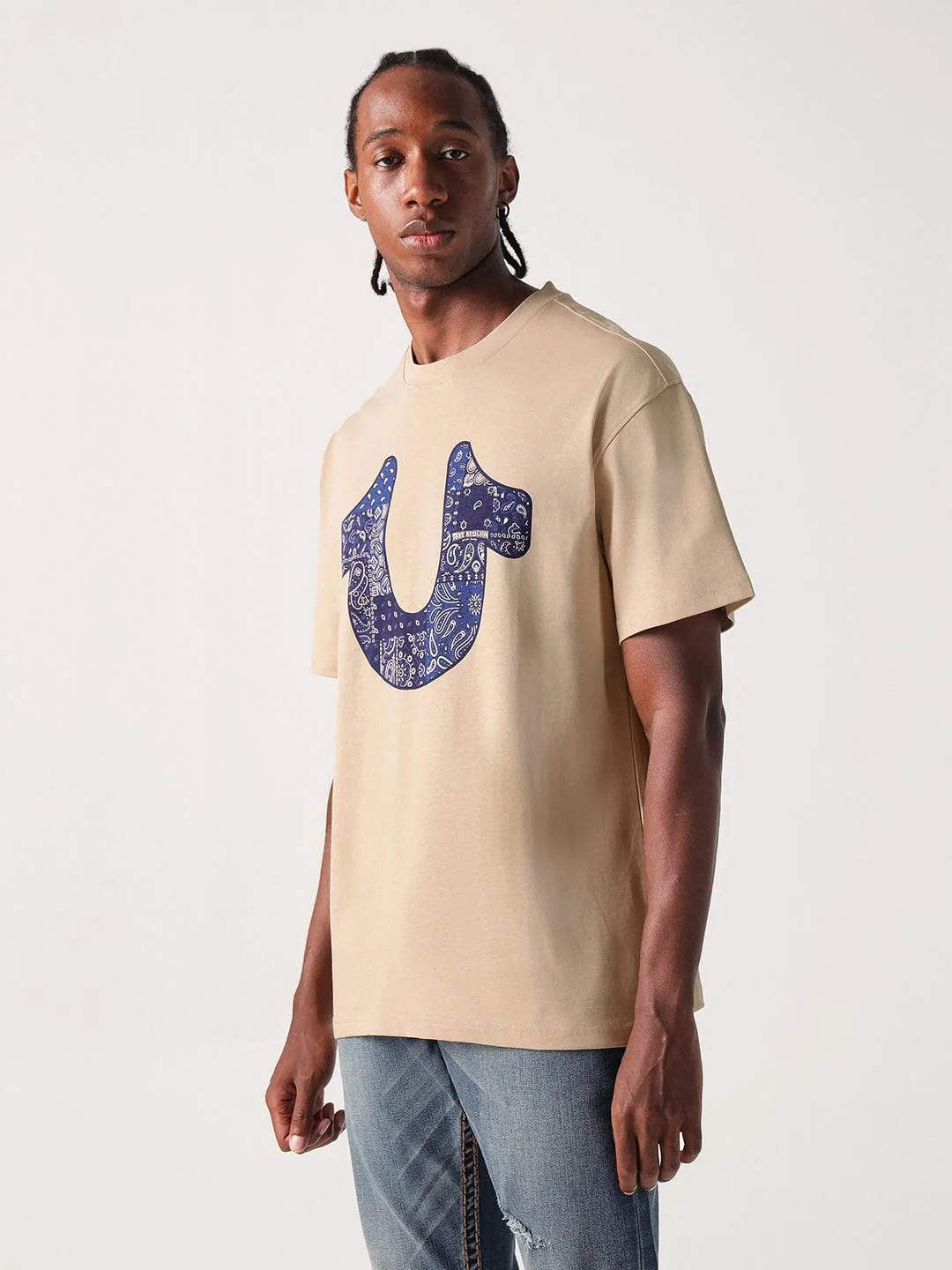 True Religion Men Beige Graphic Round Neck Boxy Fit Tshirt - Image 2