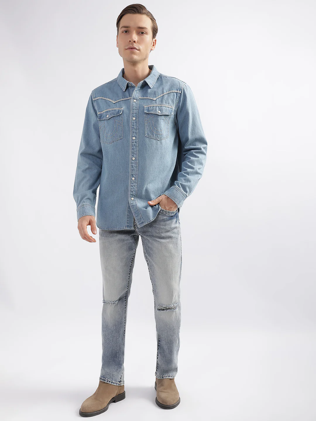 True Religion Blue Fashion Regular Fit Denim Cargo Shirt - Image 6