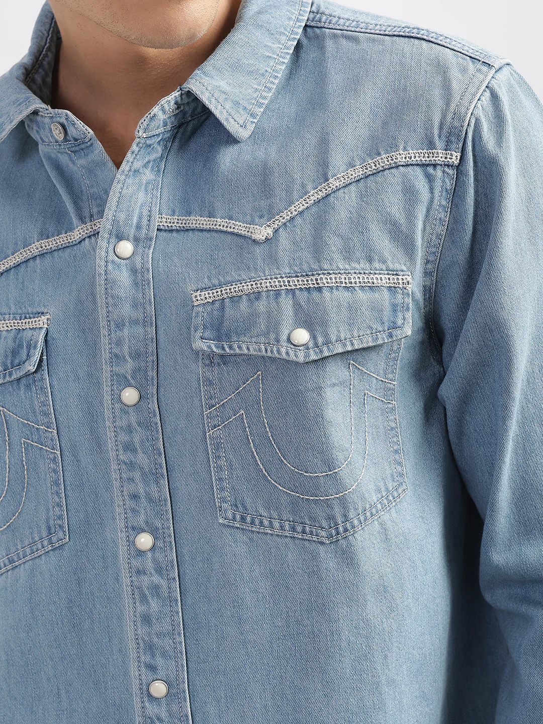 True Religion Blue Fashion Regular Fit Denim Cargo Shirt - Image 7