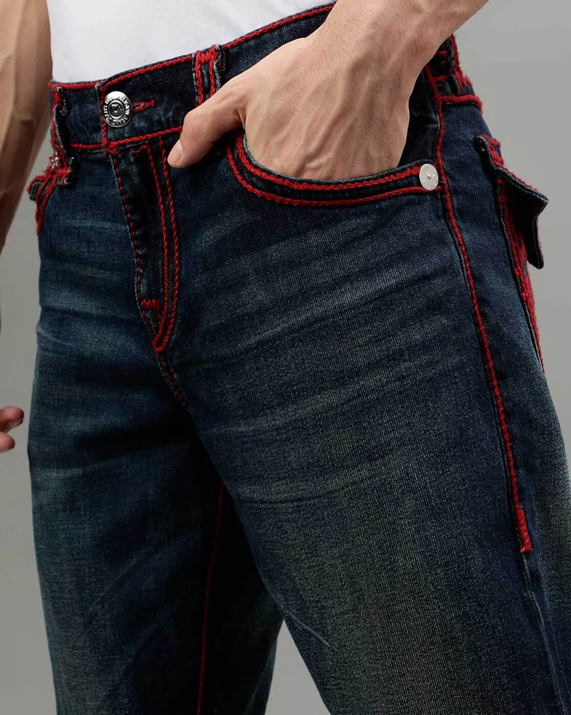 True Religion Men Rope Stitch Ricky Straight Fit Dark Wash Jeans - Image 8