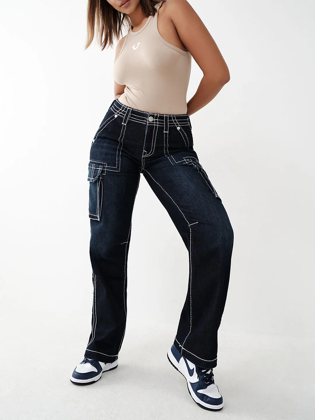 True Religion Womens Big T Cargo Pant Cargo Fit Blue Mid Rise Jeans - Image 4