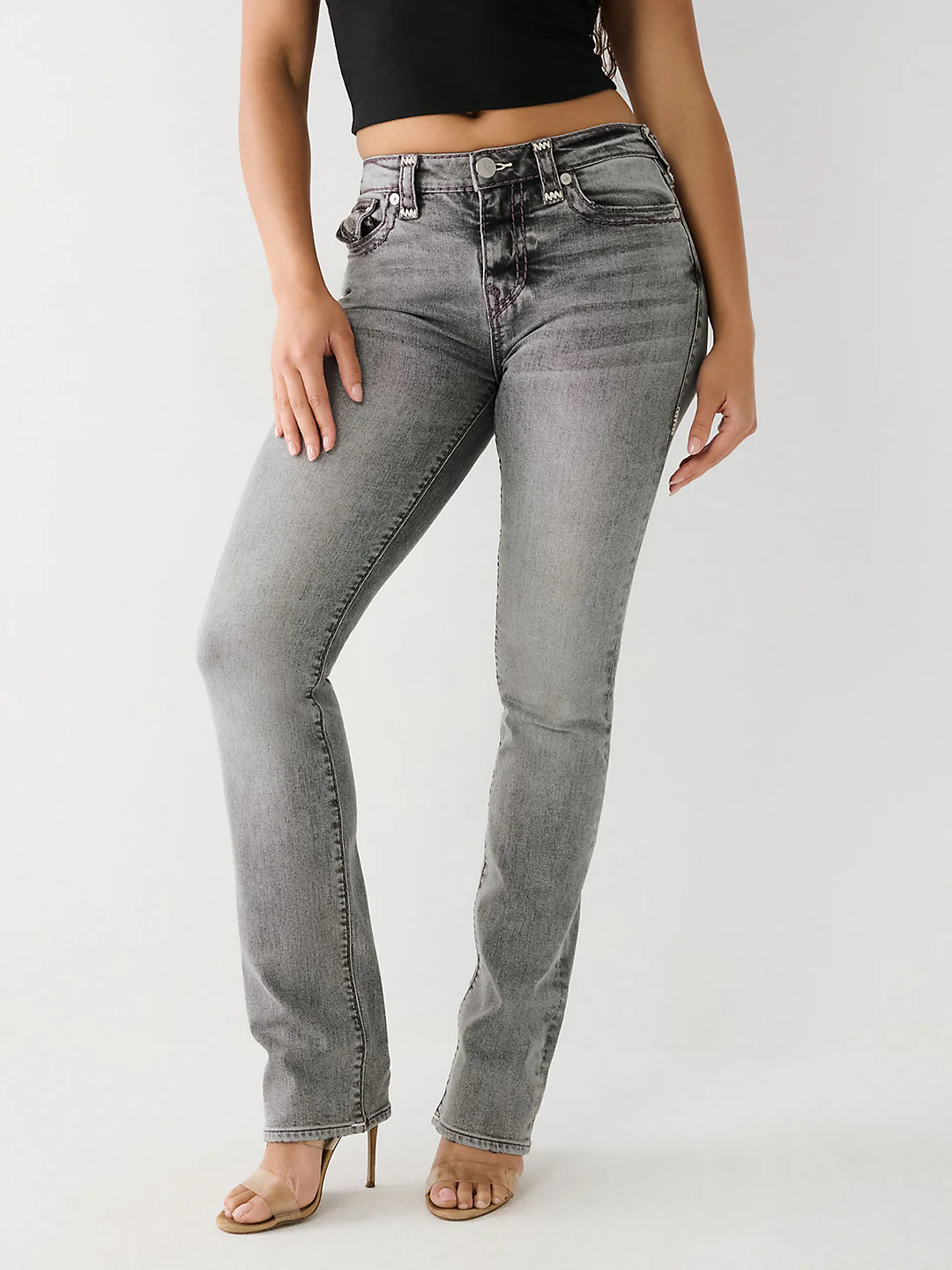 True Religion Womens Super T Billie Straight Fit Grey Mid Rise Jeans - Image 3