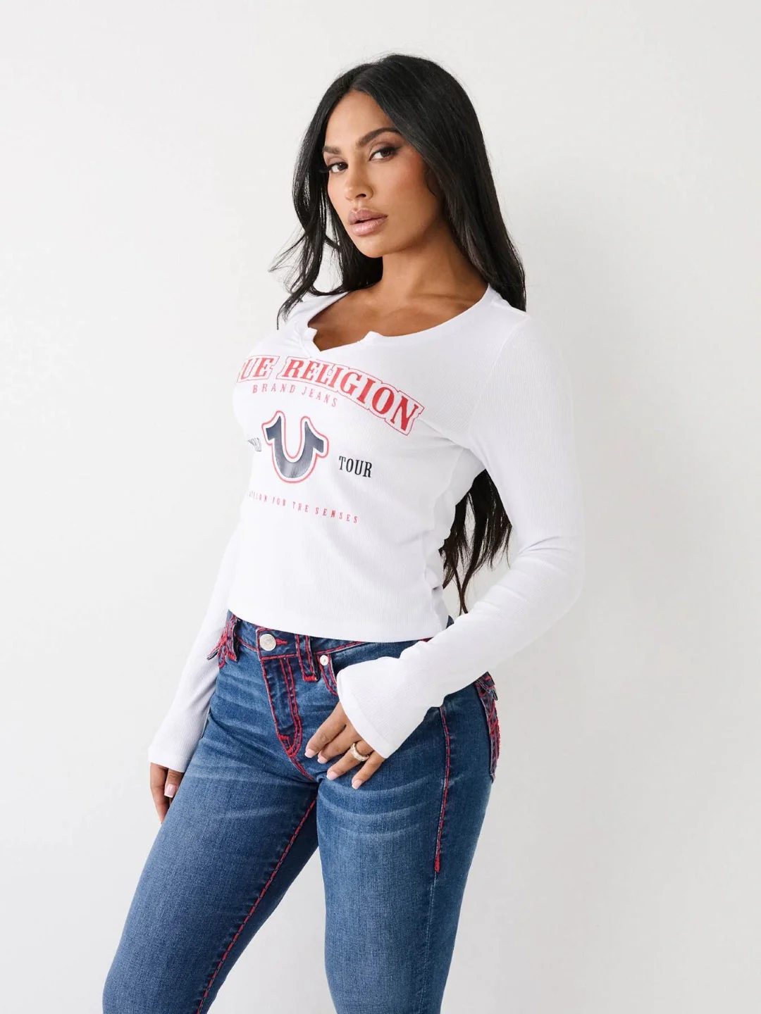 True Religion Women White Printed Round Neck Full Sleeves Tshirt - Image 2
