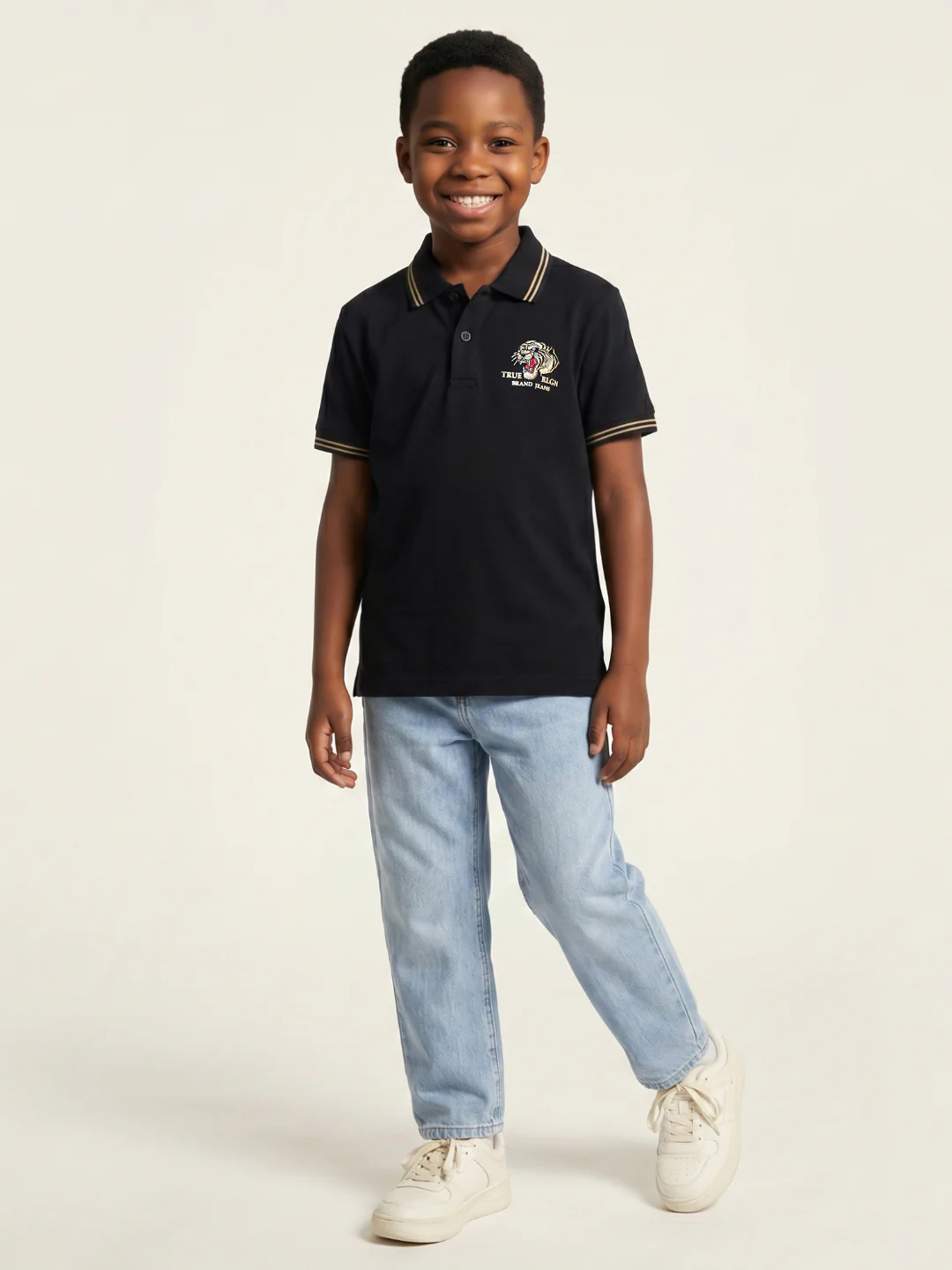 True Religion Boys Black Solid Regular Fit Pure Cotton Polo T-Shirt - Image 6
