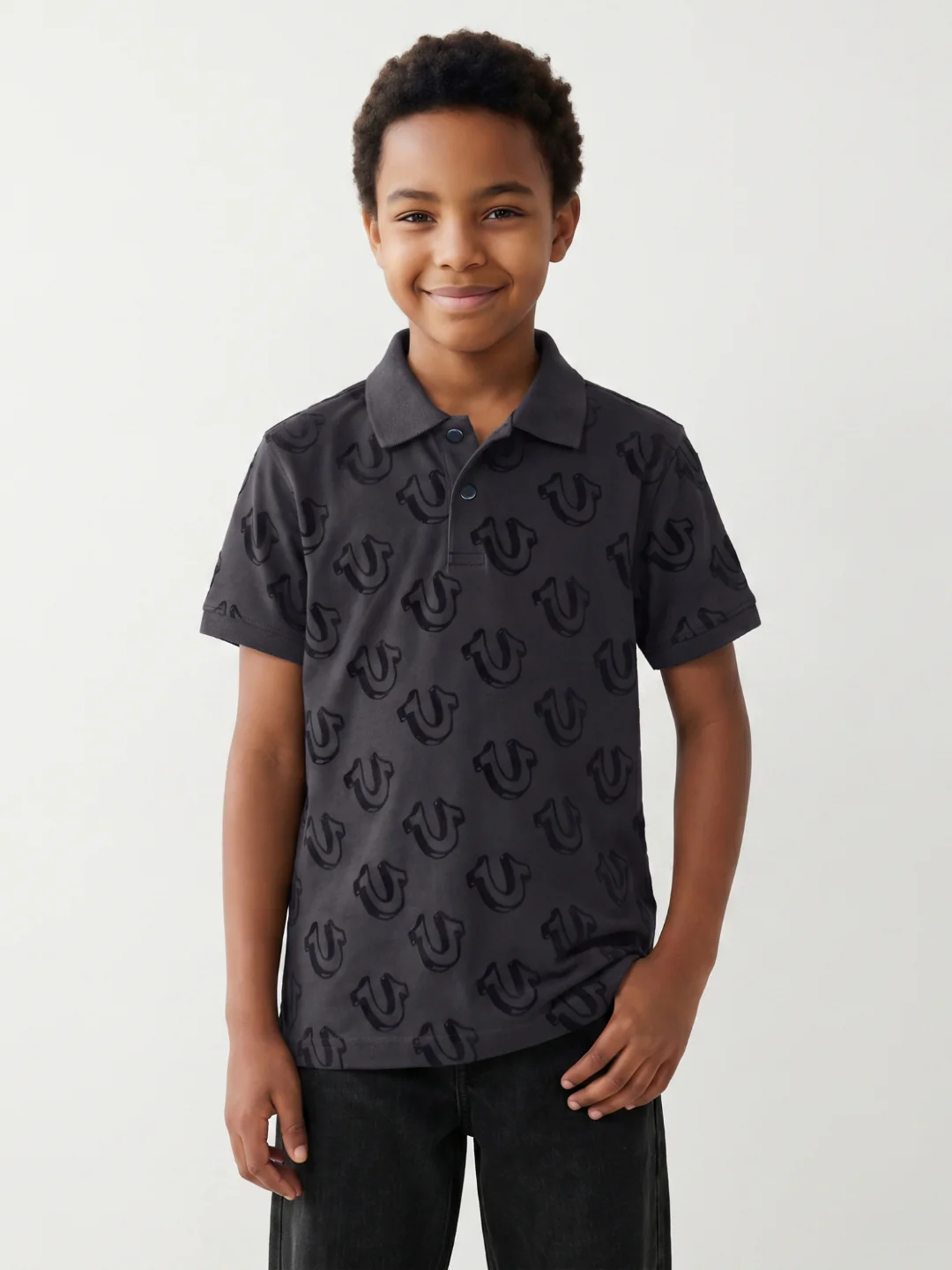 True Religion Boys Black Printed Regular Fit Pure Cotton Polo T-Shirt - Image 2