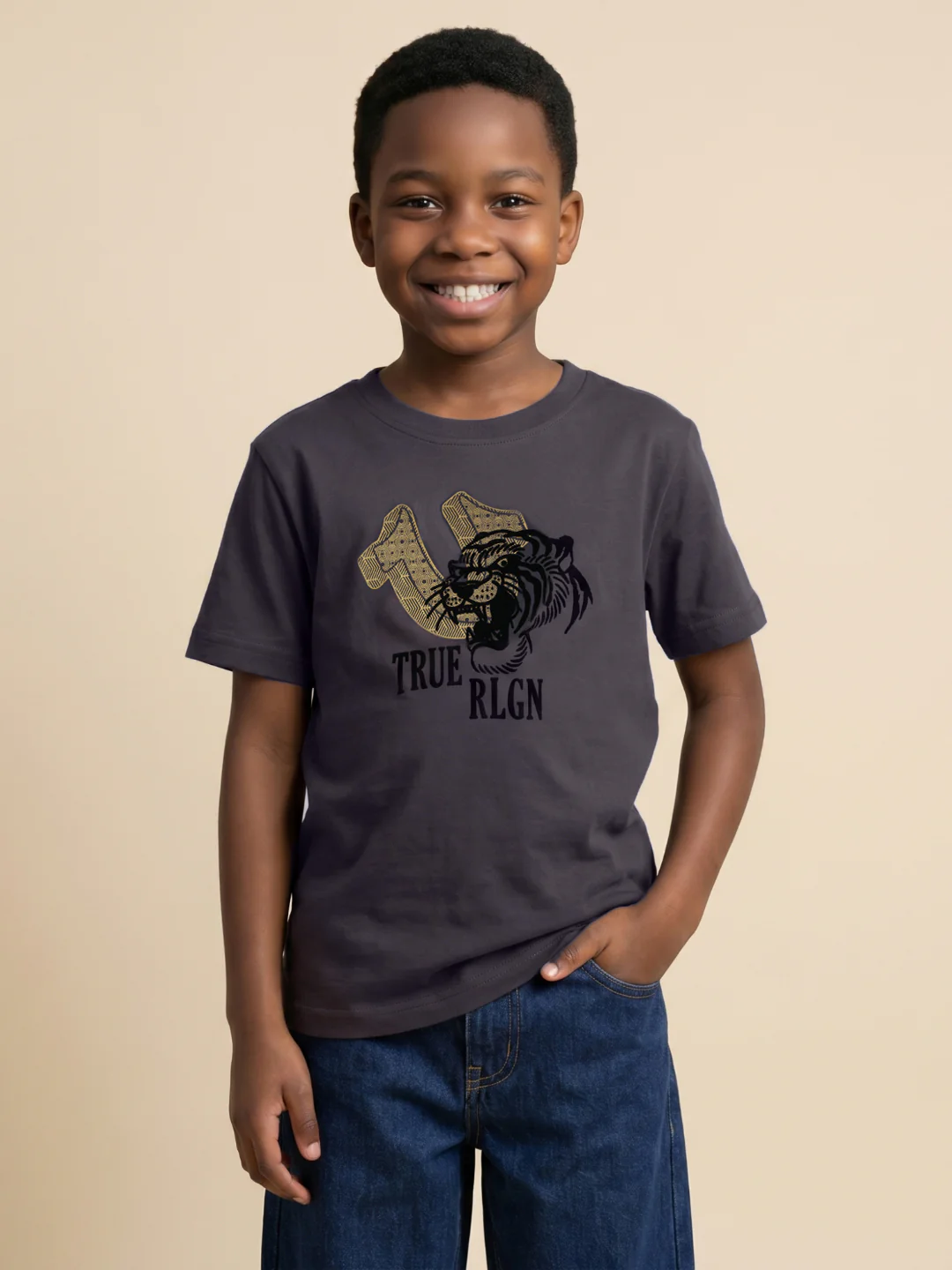 True Religion Boys Grey Solid Regular Fit Pure Cotton T-Shirt - Image 2