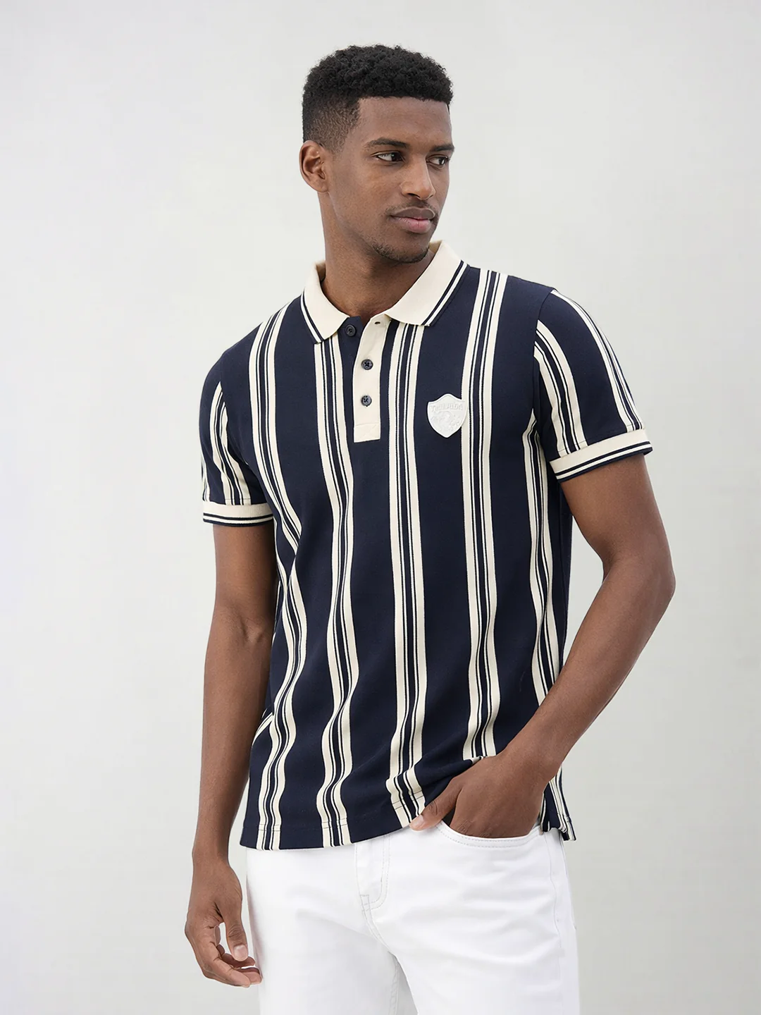 True Religion Men Navy Blue Striped Regular Fit Polo T-Shirt - Image 3