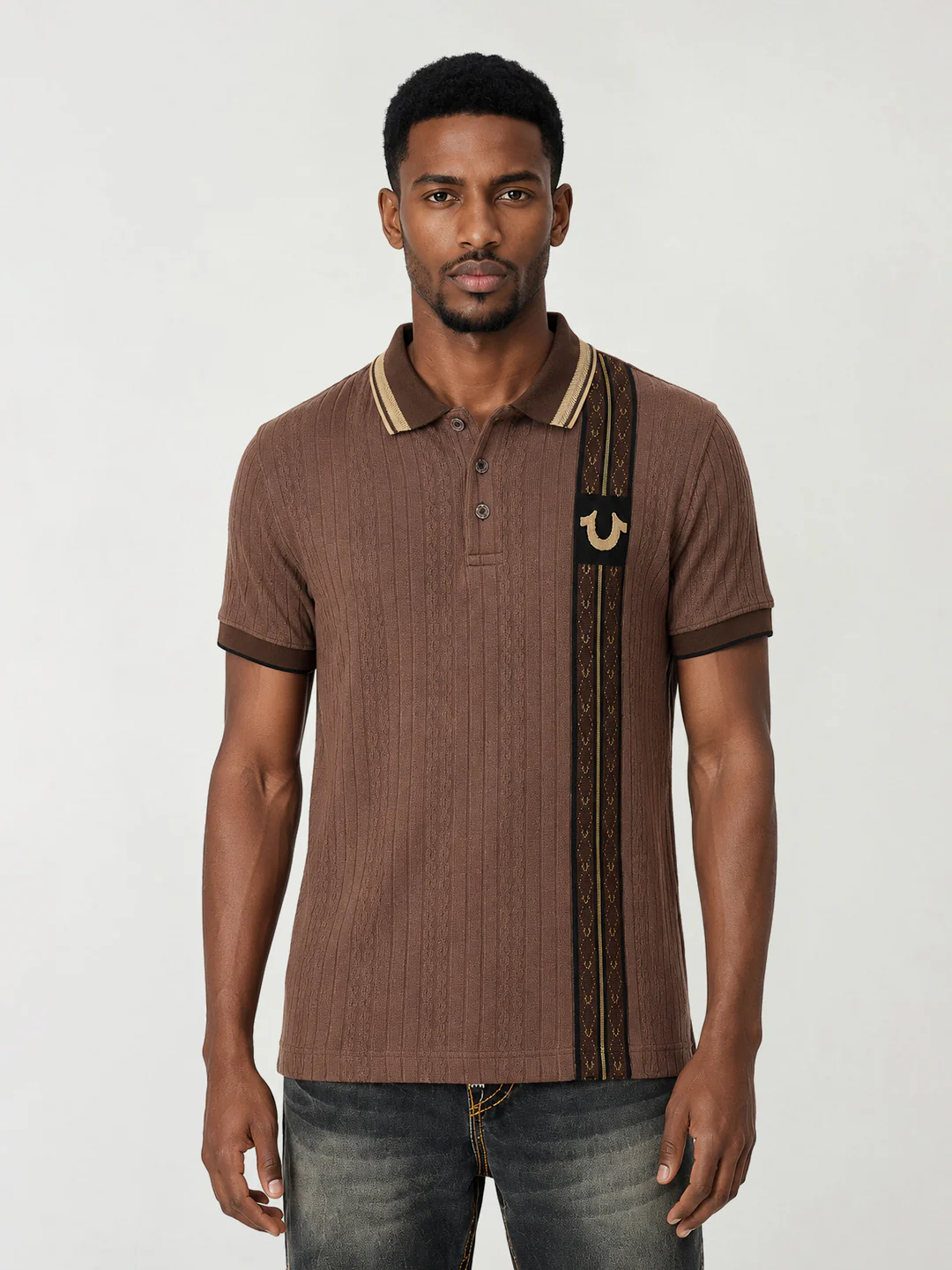 True Religion Men Brown Woven Design Regular Fit Polo T-Shirt