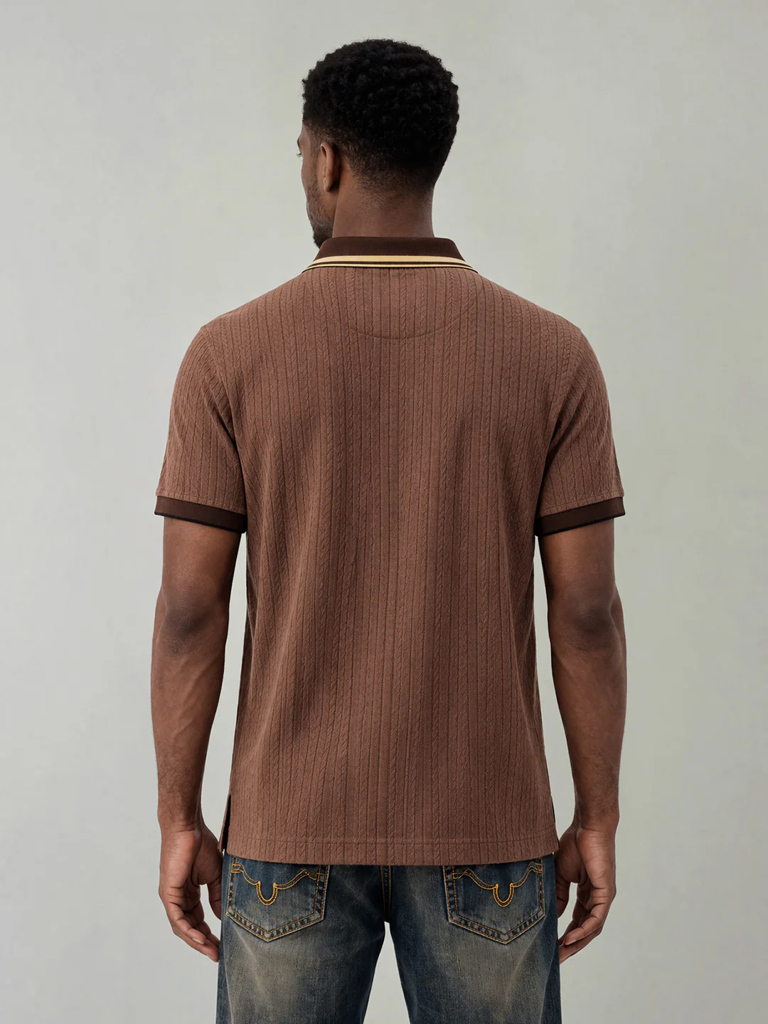 True Religion Men Brown Woven Design Regular Fit Polo T-Shirt - Image 2