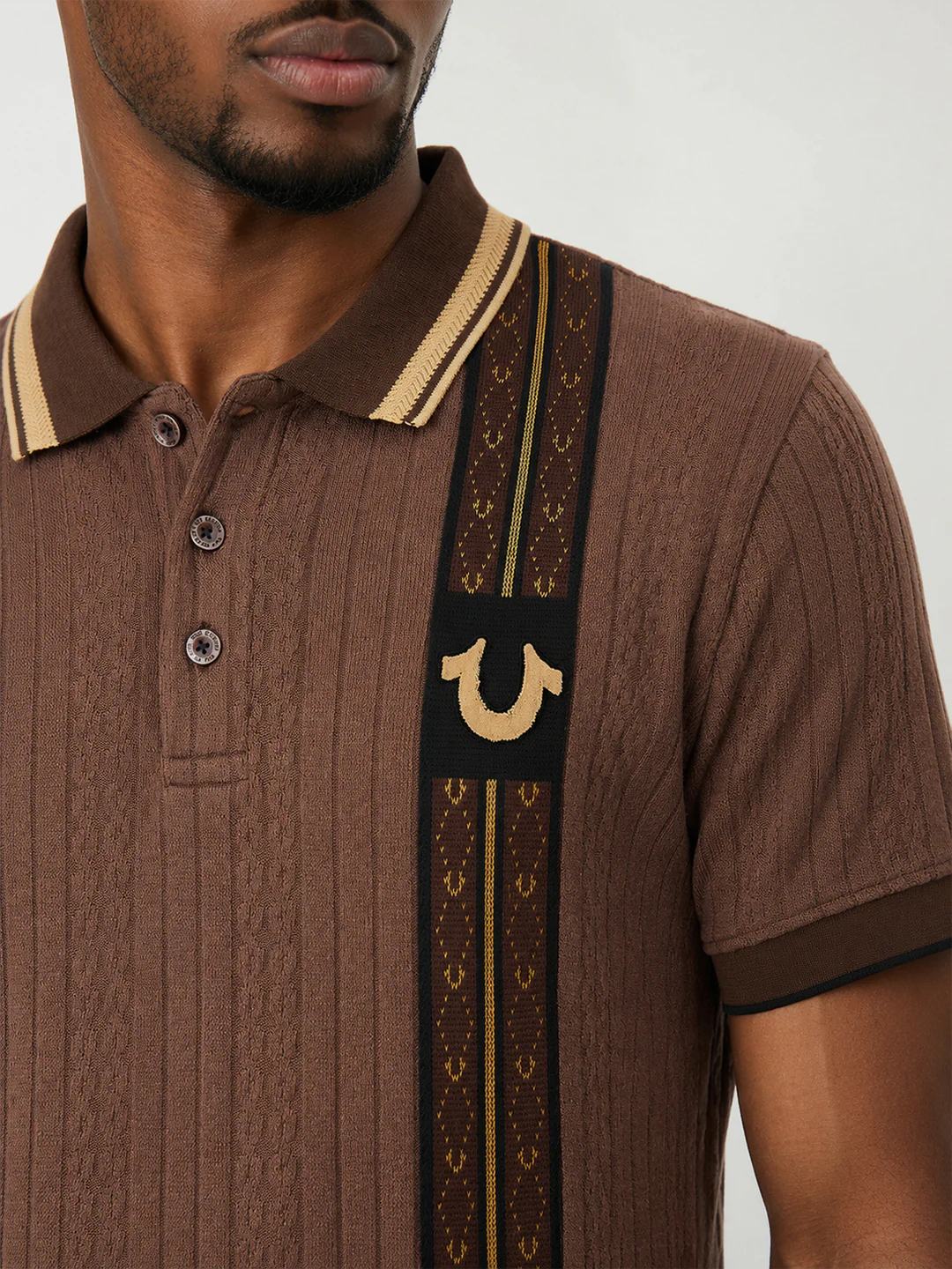 True Religion Men Brown Woven Design Regular Fit Polo T-Shirt - Image 3