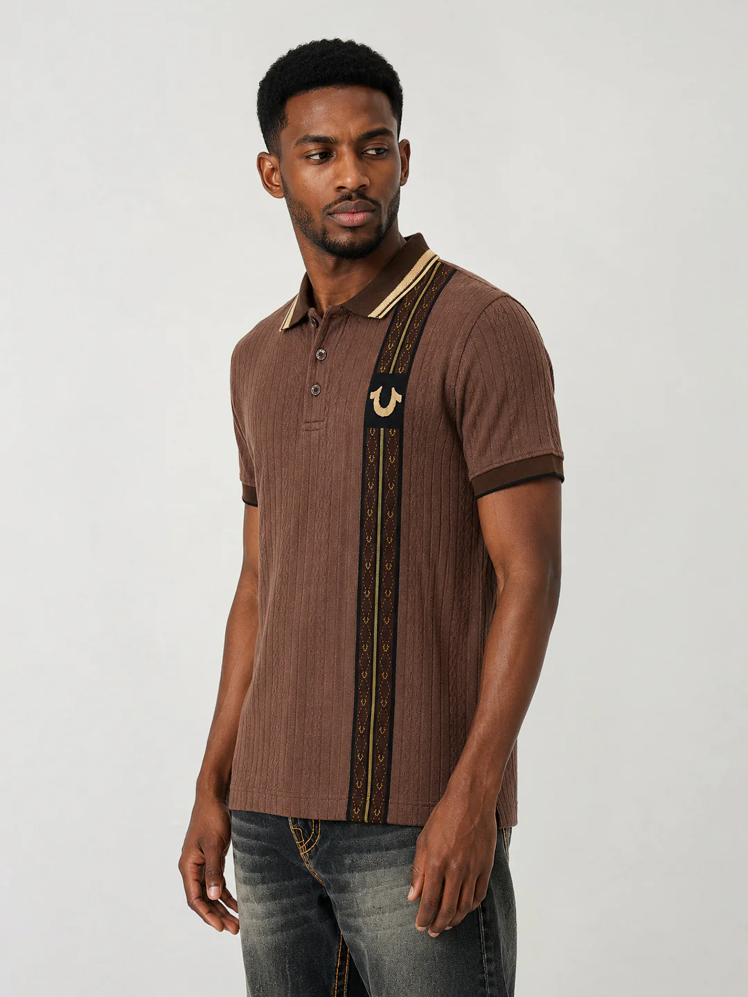 True Religion Men Brown Woven Design Regular Fit Polo T-Shirt - Image 4