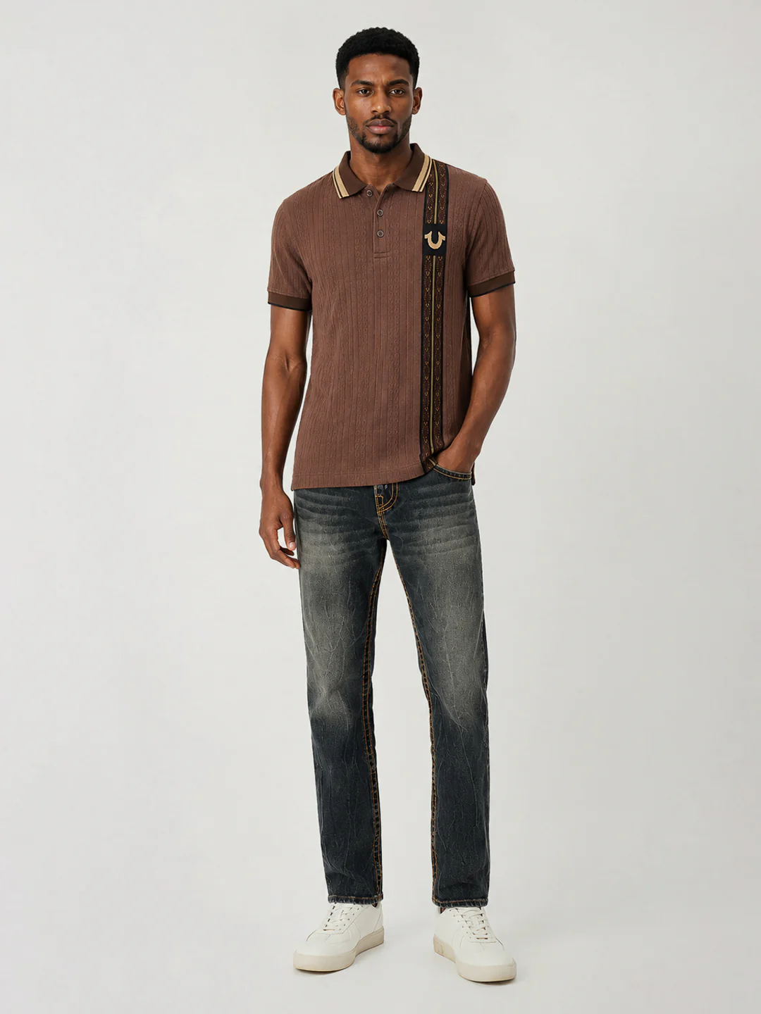 True Religion Men Brown Woven Design Regular Fit Polo T-Shirt - Image 5