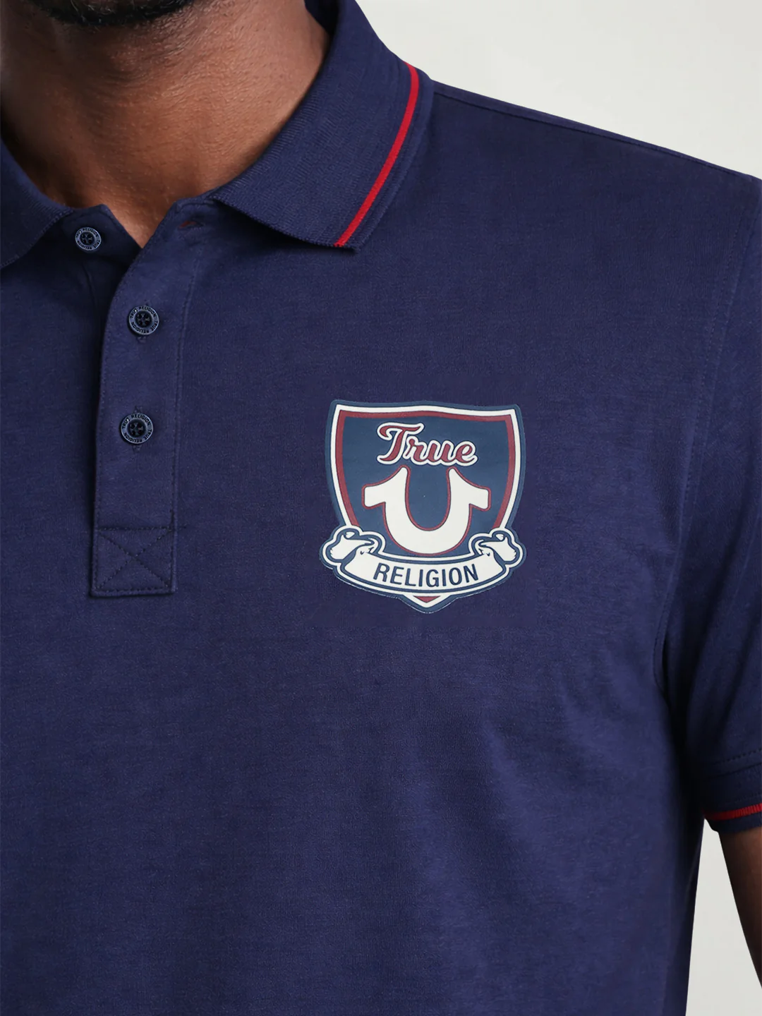 True Religion Men Navy Blue Solid Regular Fit Pure Cotton Polo T-Shirt - Image 3