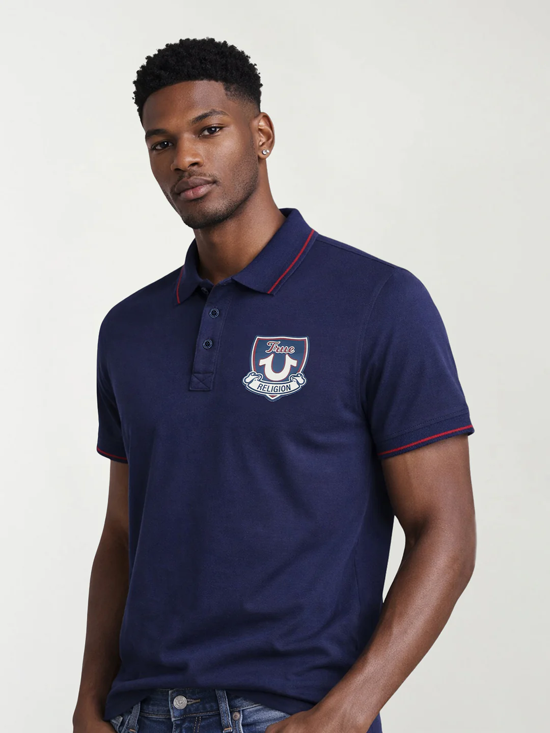 True Religion Men Navy Blue Solid Regular Fit Pure Cotton Polo T-Shirt - Image 4