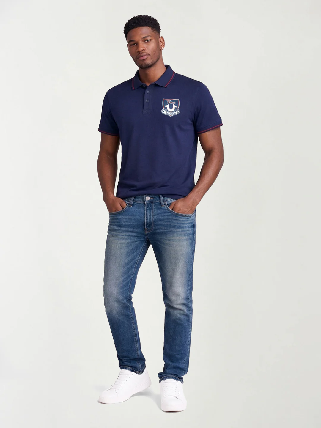 True Religion Men Navy Blue Solid Regular Fit Pure Cotton Polo T-Shirt - Image 5