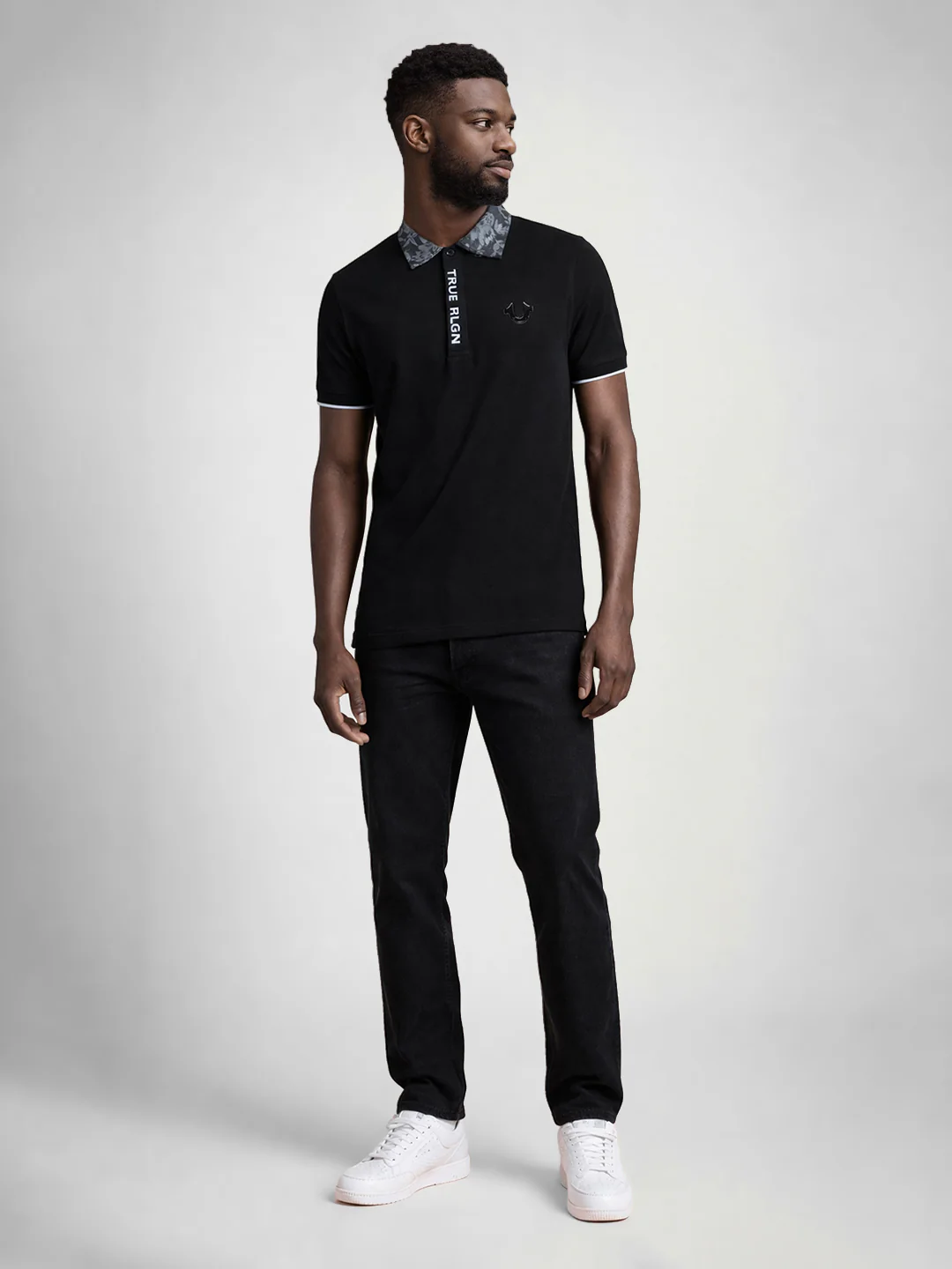 True Religion Men Black Solid Regular Fit Polo T-Shirt - Image 2