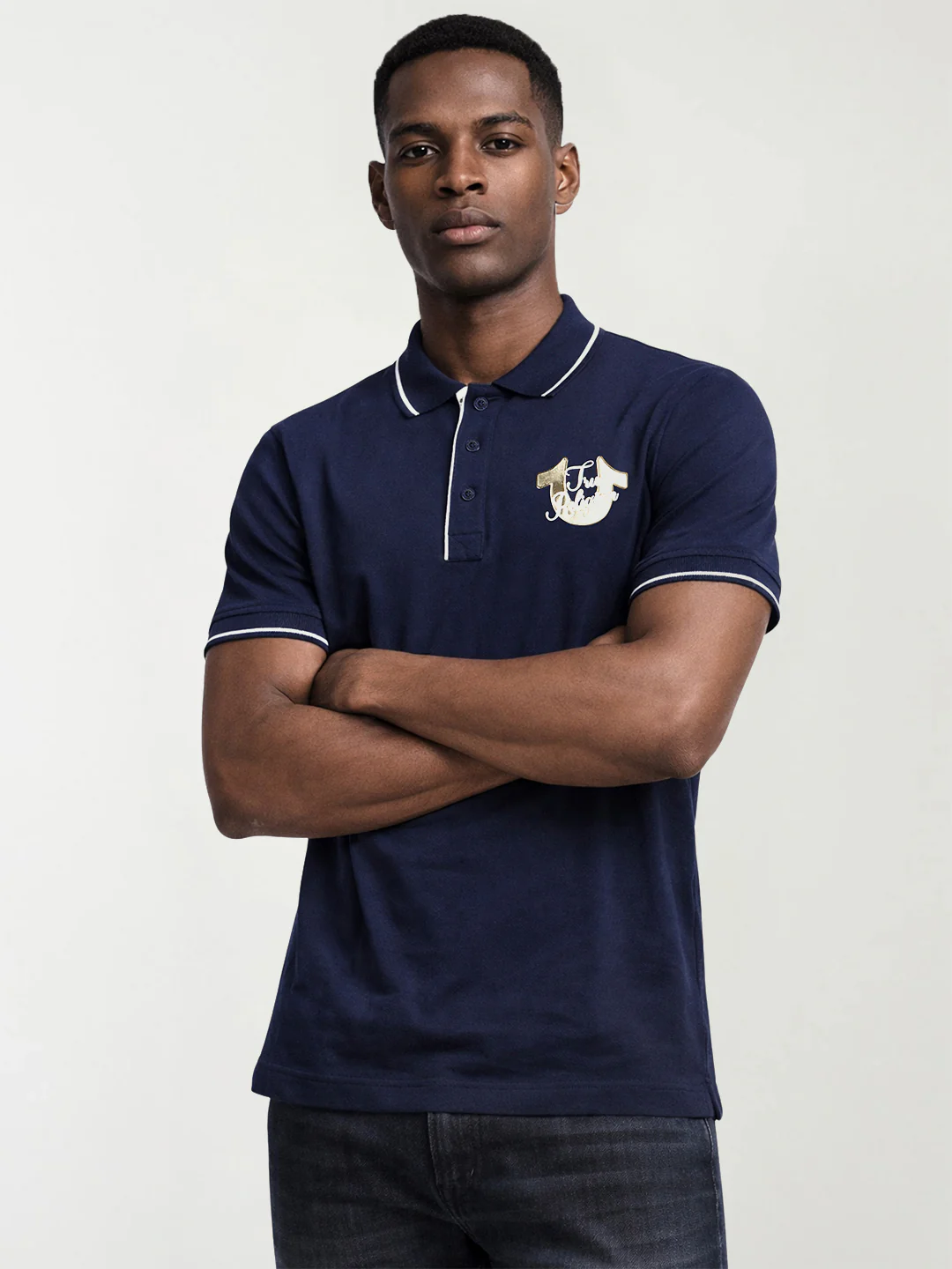 True Religion Men Navy Blue Solid Regular Fit Pure Cotton Polo T-Shirt