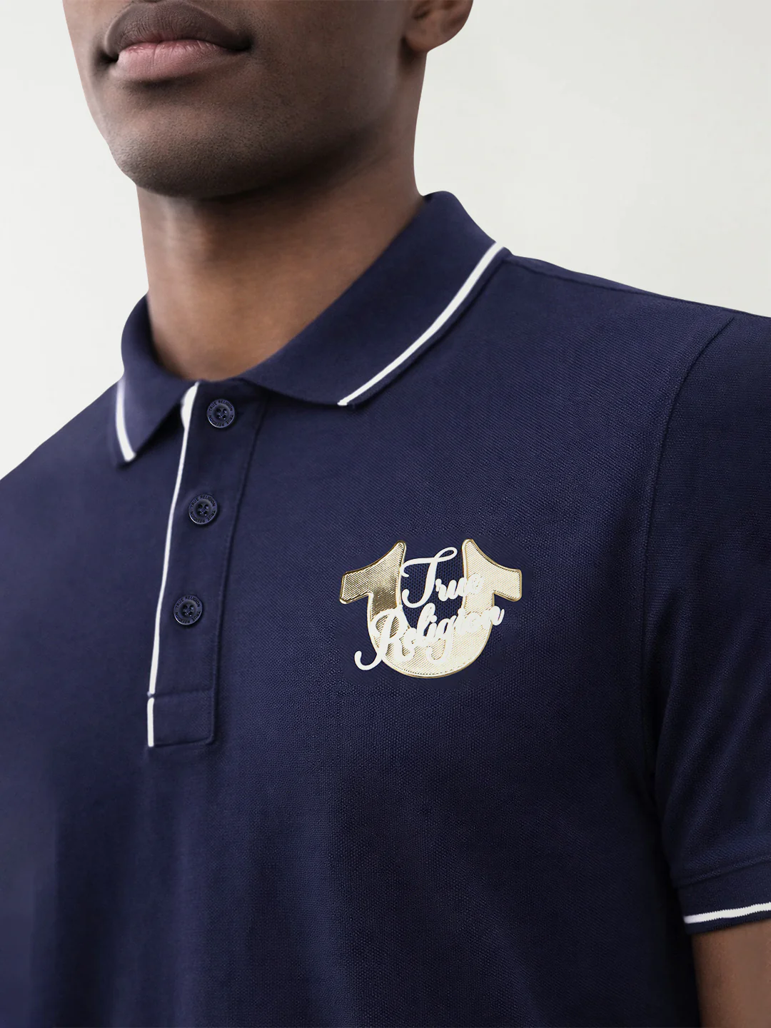 True Religion Men Navy Blue Solid Regular Fit Pure Cotton Polo T-Shirt - Image 3