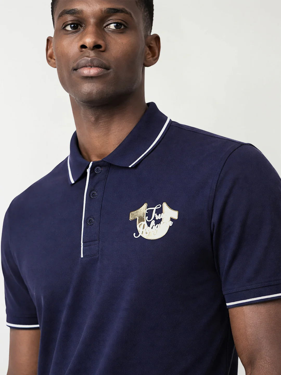 True Religion Men Navy Blue Solid Regular Fit Pure Cotton Polo T-Shirt - Image 4