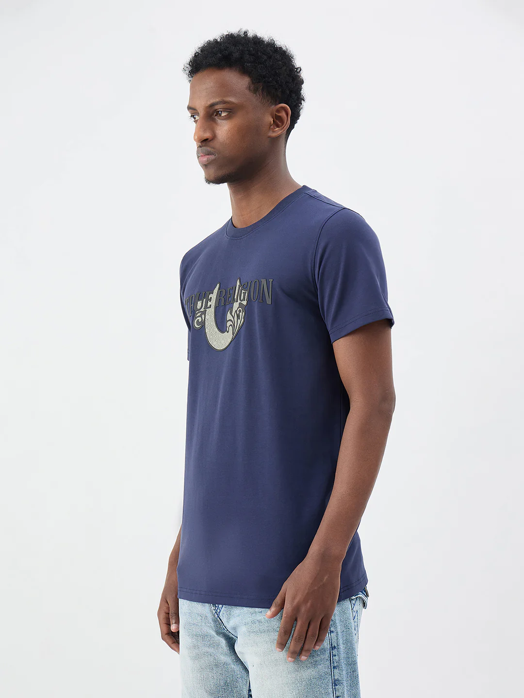 True Religion Men Indigo Blue Solid Regular Fit T-Shirt - Image 5