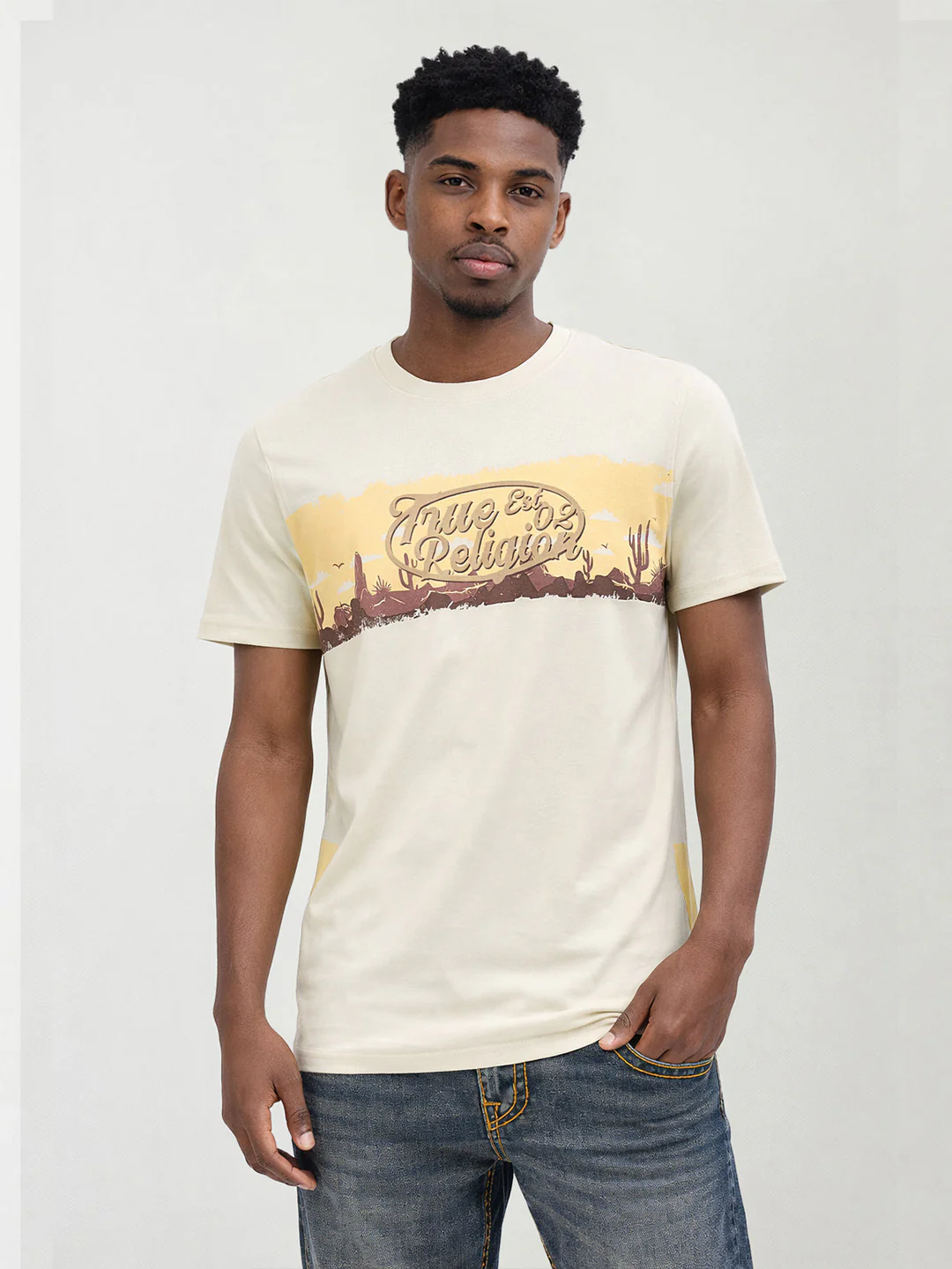 True Religion Men Beige Printed Regular Fit T-Shirt