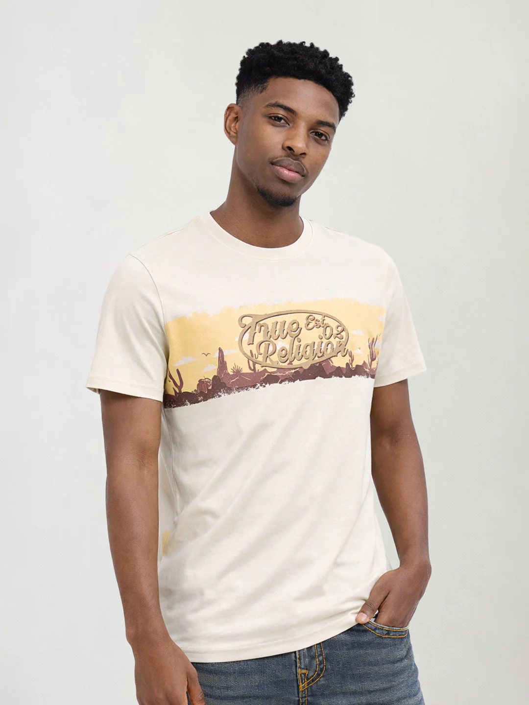 True Religion Men Beige Printed Regular Fit T-Shirt - Image 5