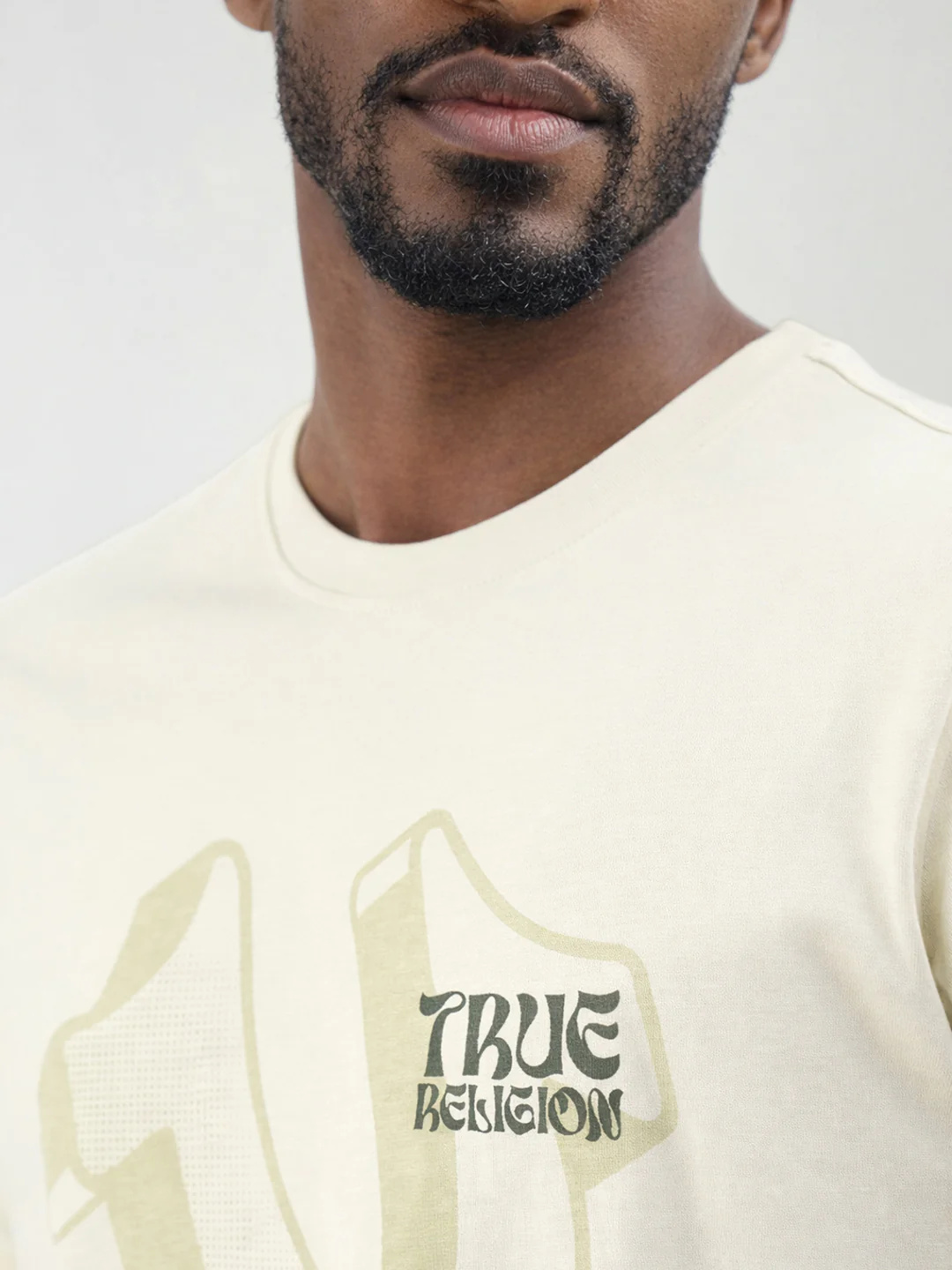 True Religion Men Cream Solid Regular Fit Pure Cotton T-Shirt - Image 4