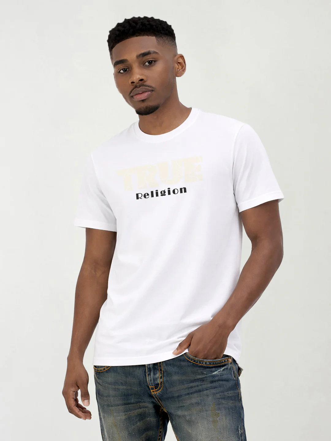 True Religion Men White Solid Regular Fit Pure Cotton T-Shirt