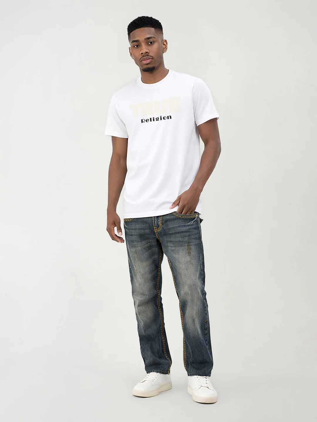 True Religion Men White Solid Regular Fit Pure Cotton T-Shirt - Image 5