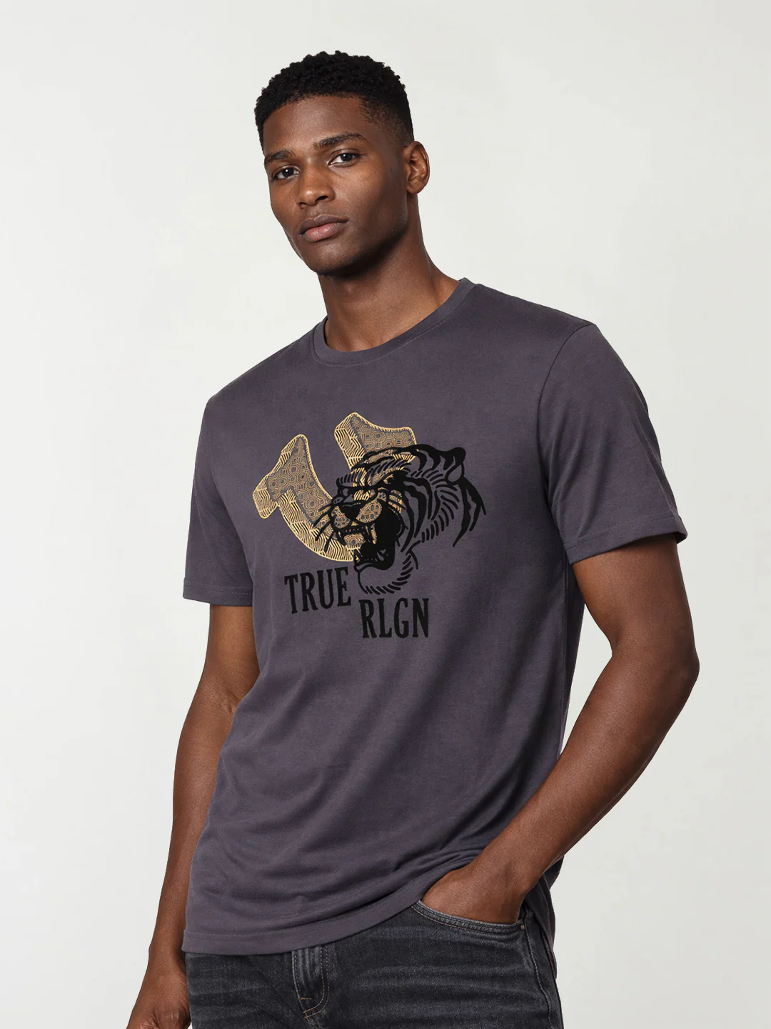 True Religion Men Grey Printed Regular Fit T-Shirt - Image 3