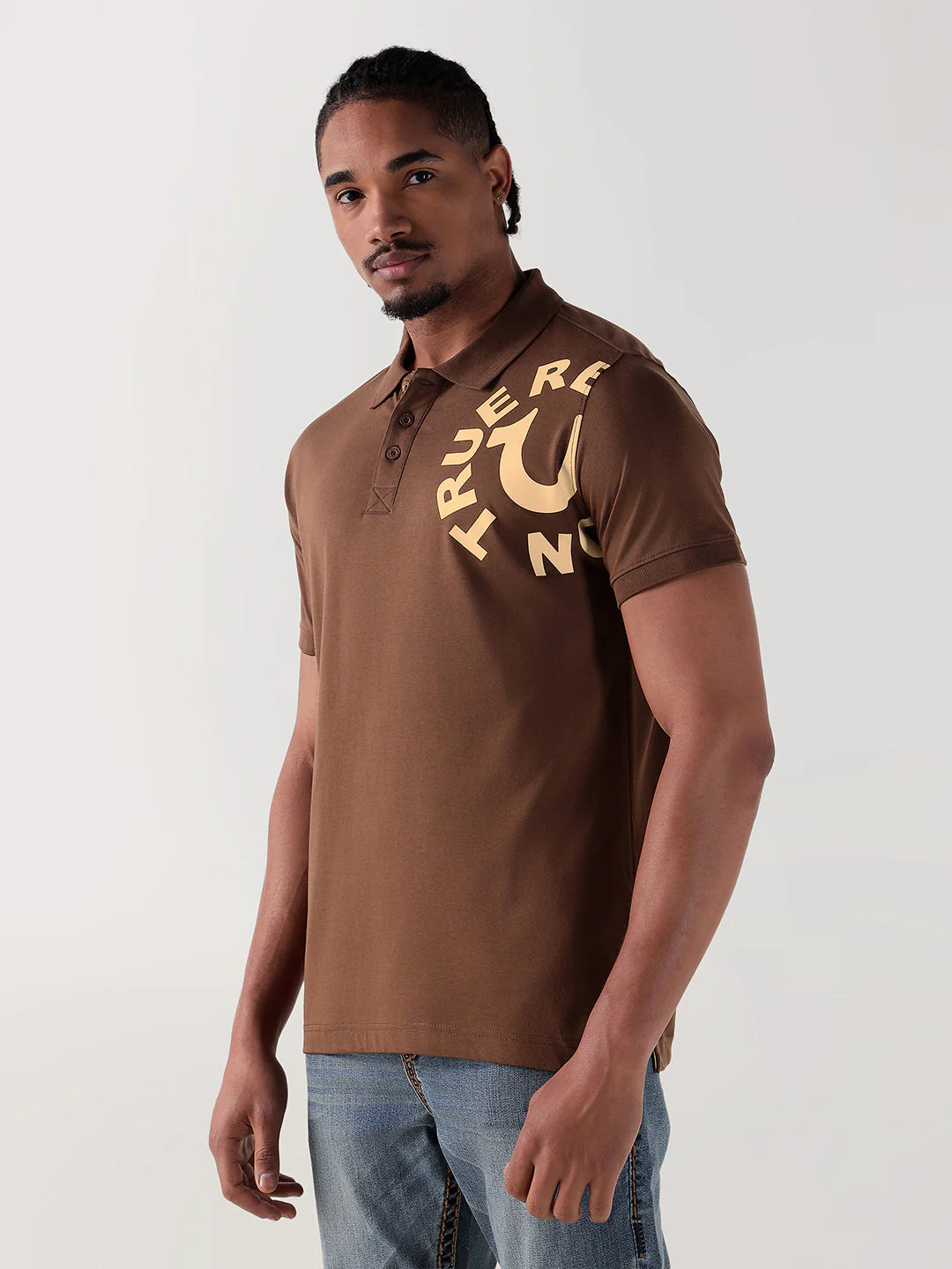 TRUE RELIGION Men Brown Logo Regular Fit Polo T-Shirt - Image 4