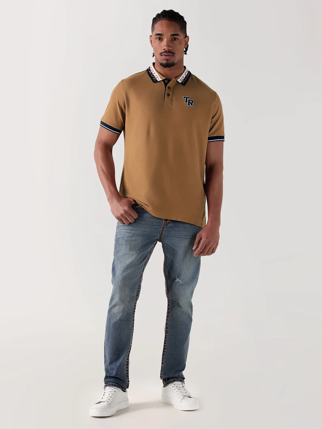 TRUE RELIGION Men Beige Logo Regular Fit Polo T-Shirt - Image 2