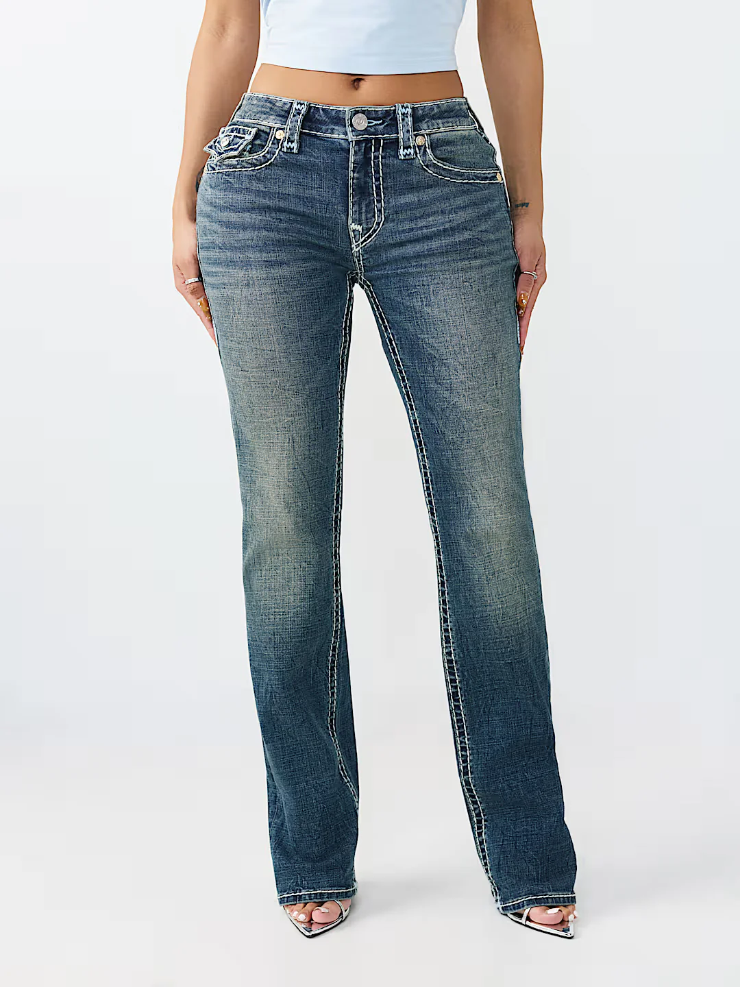 True Religion Women Blue Solid Straight Fit Stretchable Super T Billie Jeans - Image 2