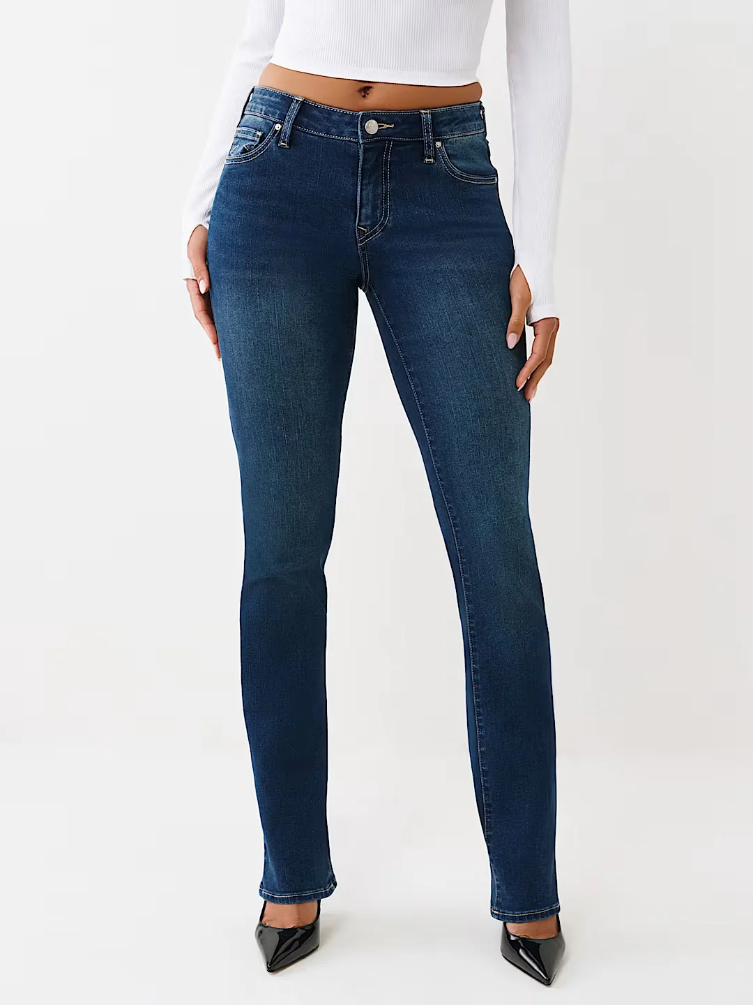 True Religion Women Navy Blue Solid Straight Fit Stretchable SN Billie Jeans
