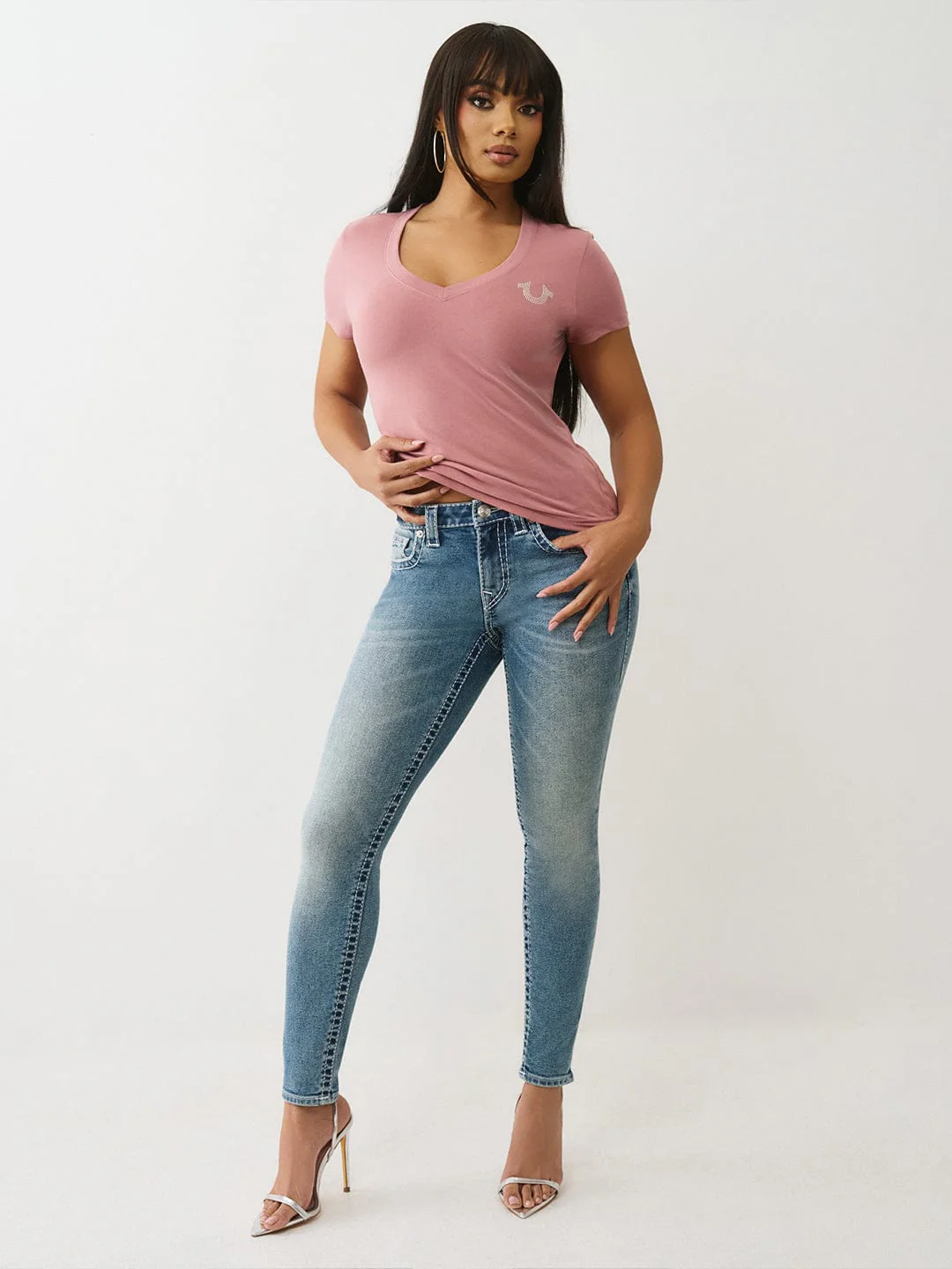 True Religion Women Pink Embellished Regular Fit T-Shirt - Image 2
